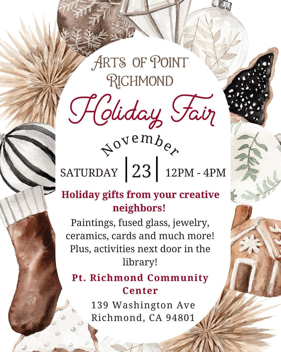 Join us this Saturday for The Arts of Point Richmond Holiday Fair at the Point Richmond Community Center from 12-4pm. ๐๐๐
๐ฝโ๏ธ #artsofpointrichmond #shoplocal #supportsmallbusiness