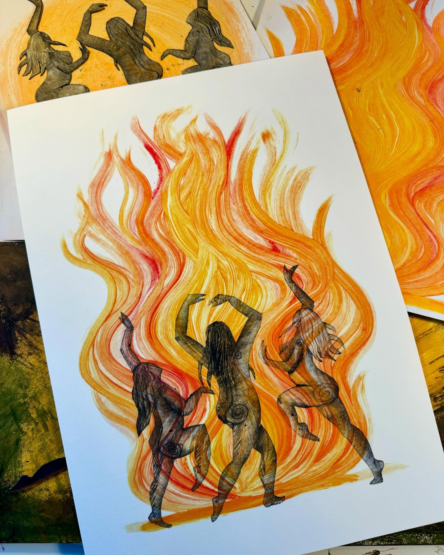 She’s ready to launch, but she needs a name 🔥✨💫 Into the Flames, Fire Dancers, Forged from Fire 🤔 or any other ideas welcome 🙏 #wildwoman #wildfirewoman #namemyprint #cornwallstudios #artprint