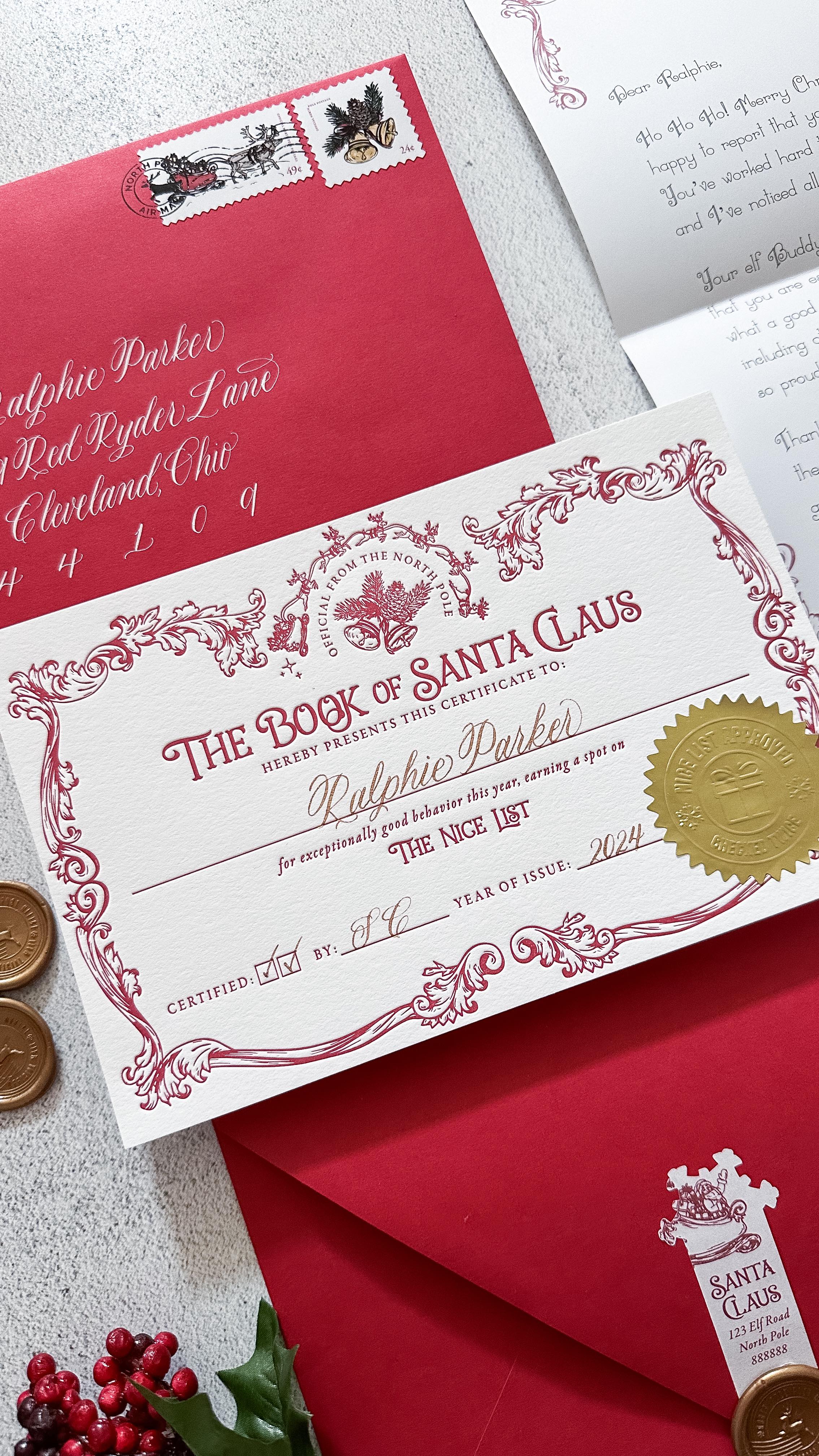 🎅🏼 2 weeks left to order your Nice List Certificates! Link in bio to get your piece of holiday magic
——————
Let’s take a closer look at our nice list certificates and Santa letters!
Included is an envelope addressed to the child or children in calligraphy, with official north pole postage so it looks like it came right through the mail, but it will be shipped to you in a plain discreet mailer.
The back features Santa’s return address, and a north pole wax seal.
Inside is a letterpressed envelope liner that looks like reindeer prints in the snow.
Each child receives their own official letterpressed certificate with hand calligraphy, checked twice by the man himself. The letter from Santa is printed on his personal letterhead and highlights all the reasons that your child made the nice list. And of course, hand-signed by Santa too.
Order yours today to have this magical keepsake from the North Pole!
#santaletters #holidaymagic #nicelist #lettersfromsanta #santasnicelist #christmasgifts #calligraphy #luxurystationery #elfontheshelf