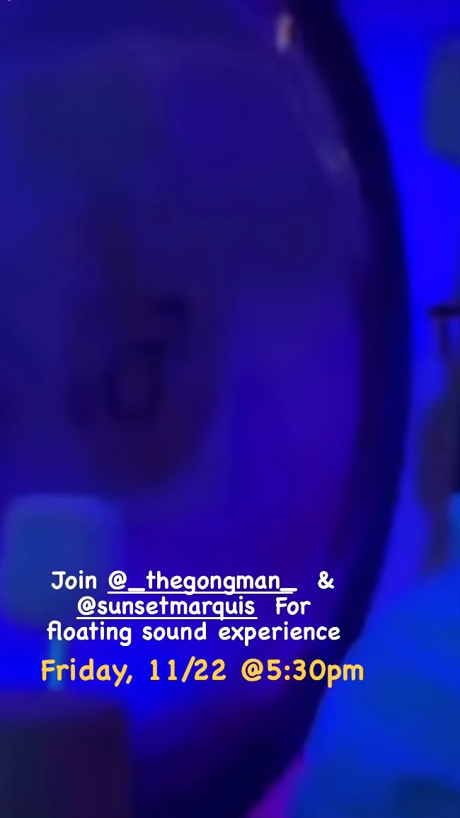 Join us for a full sensory experience of sound and wellness as you float in the infamous pool of The Sunset Marquis @sunsetmarquis. In this live sound experience you’ll be guided through the elements with live soundscapes created by @_thegongman_ using Gong, crystal bowls, flutes, and other instruments to create an ethereal space to explore all the senses leaving you with feelings of coming home. @bella_albanese will create the perfect vibe to end your week as we enter this holiday season. Wellness vendors including @chillbillyoga will be sharing their loving gifts.