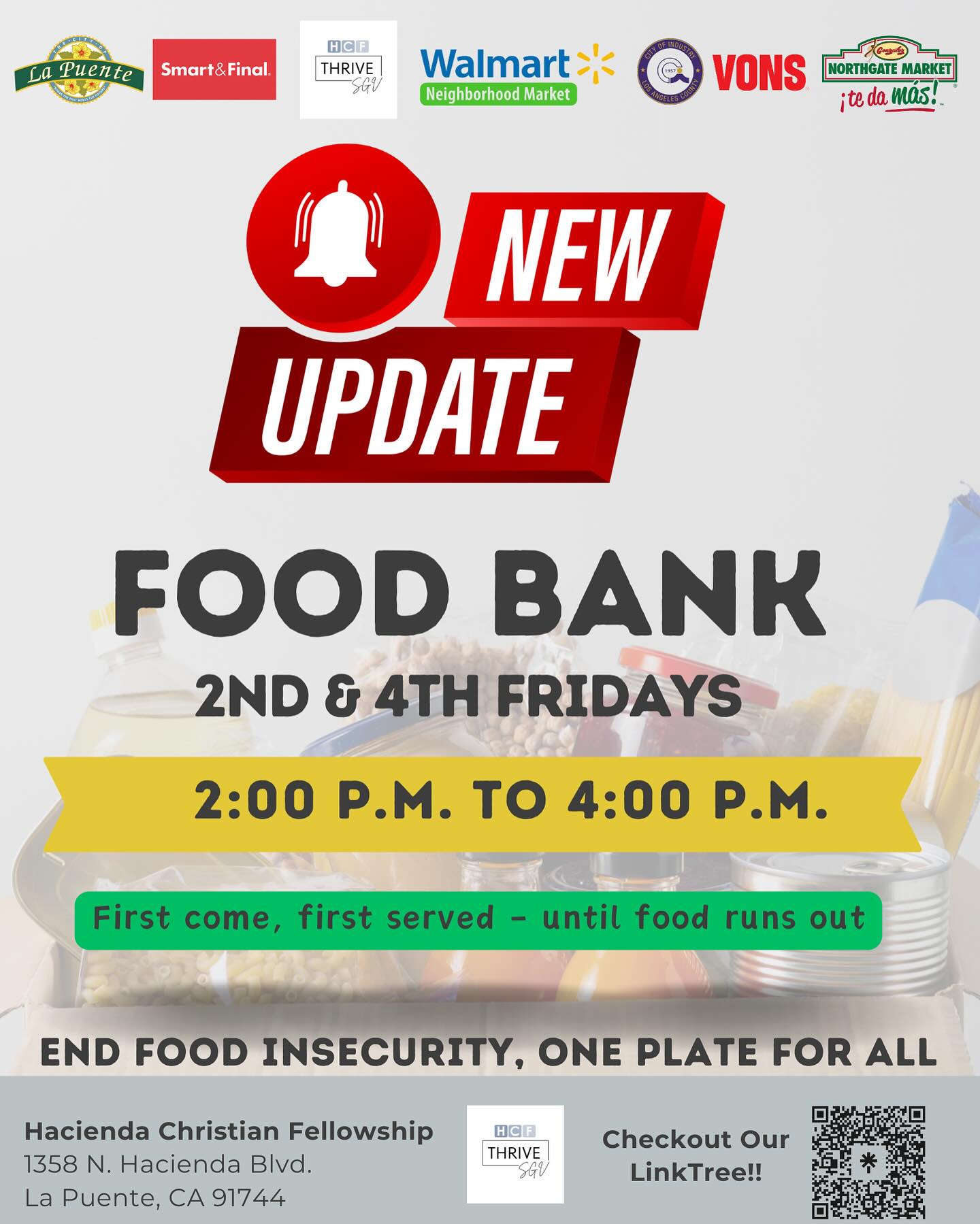 This Friday is food bank day. Delivery is at 8am/Distribution is from 2pm to 4pm. Come if you or someone you know is in need or if you would like to volunteer.