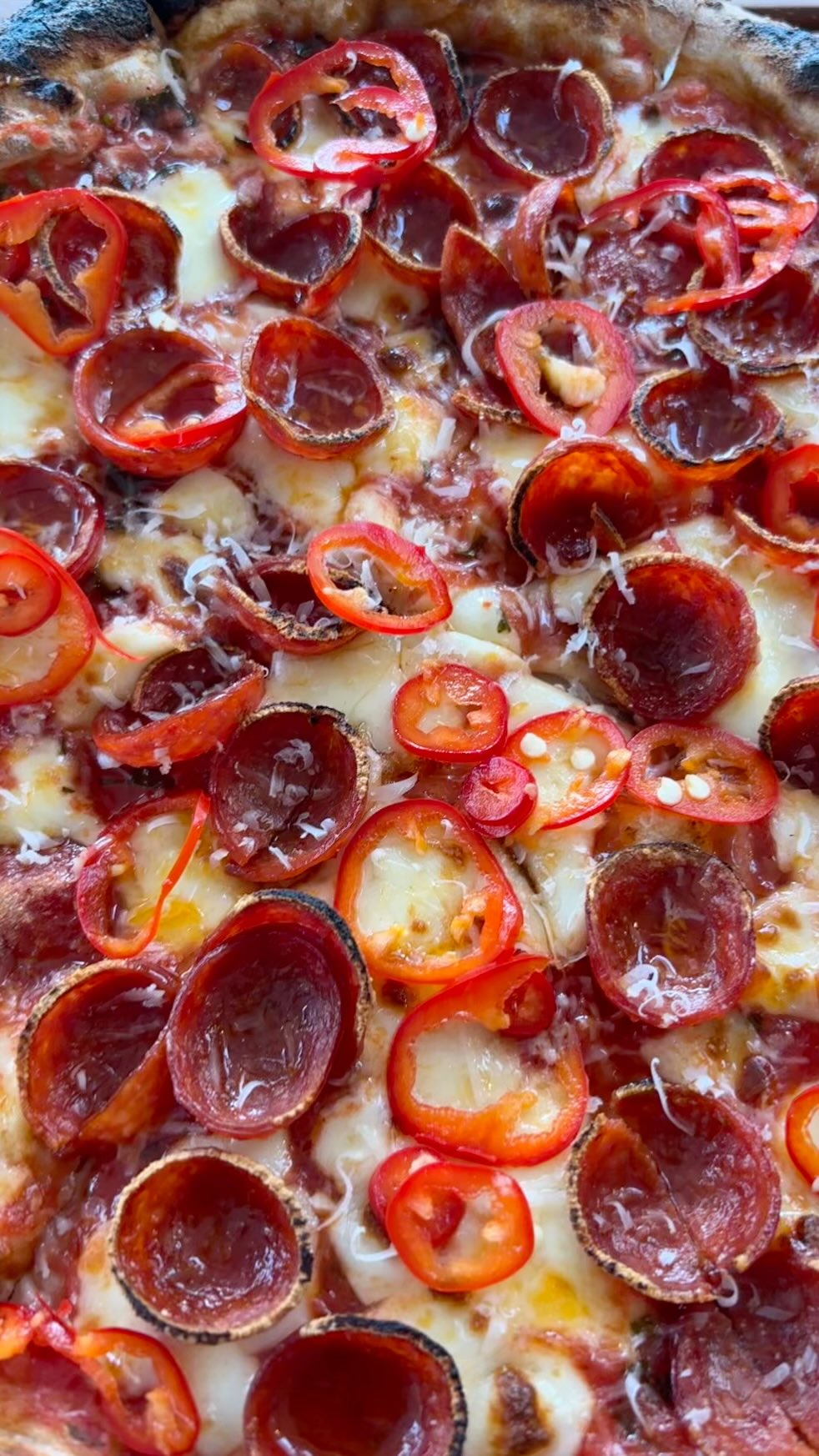 Special: Scamorza, fontina, cup pepperoni, parm, pickled Fresno chilis. 🍕 🔥 🔥 🔥