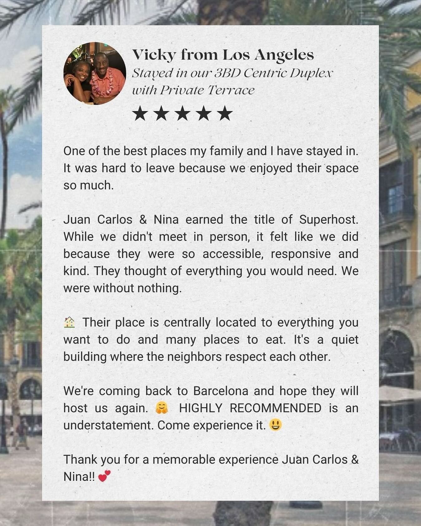 🌟 Another Happy Guest Experience! 🌟
We’re thrilled to share this glowing review from one of our amazing Airbnb guests! 🏡✨
« One of the best places we have stayed in. »
Hosting wonderful people like Vick and her family is what makes sharing our space so rewarding. 💛 Seeing our guests enjoy their stay and feel at home is always the goal!
Thank you for your kind words and for being such a fantastic guest! 🌟 We can’t wait to welcome more travelers like you! 🌍
#AirbnbHost #GuestReview #HappyGuests #superhost #superhostairbnb #TravelWithAirbnb #Barcelona #HomeAwayFromHome #TravelAndStay #spain