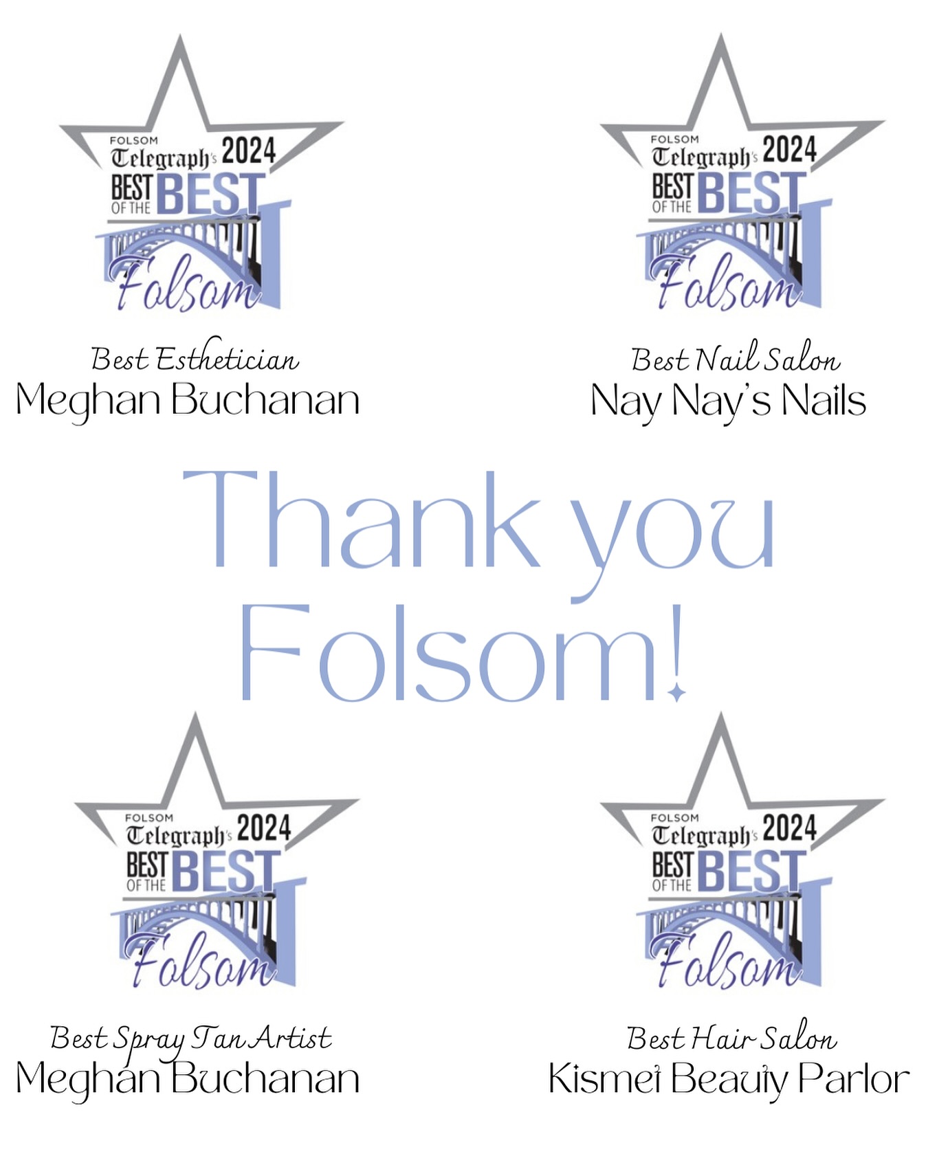 BEST of the BEST! 🏆✨
We’re feeling the LOVE, Folsom! 💕
A HUGE thank you to everyone who voted in the Folsom Telegraph’s Best of the Best 2024! We’re so proud to announce:
💇♀️ Kismet Beauty Parlor — Best Hair Salon @brittanyleeeehair
🌟 Meghan Buchanan — Best Esthetician & Best Spray Tan Artist @dermanerd
💅 Nay Nay’s Nails — Best Nail Salon
@naynaysnails916
Your love and support mean everything to us! On behalf of all the girls at Kismet, THANK YOU, Folsom, for letting us be part of your beauty journey. 💖
#BestOfTheBest #FolsomCommunity #KismetBeautyParlor #GratefulHeart #folsomtelegraph