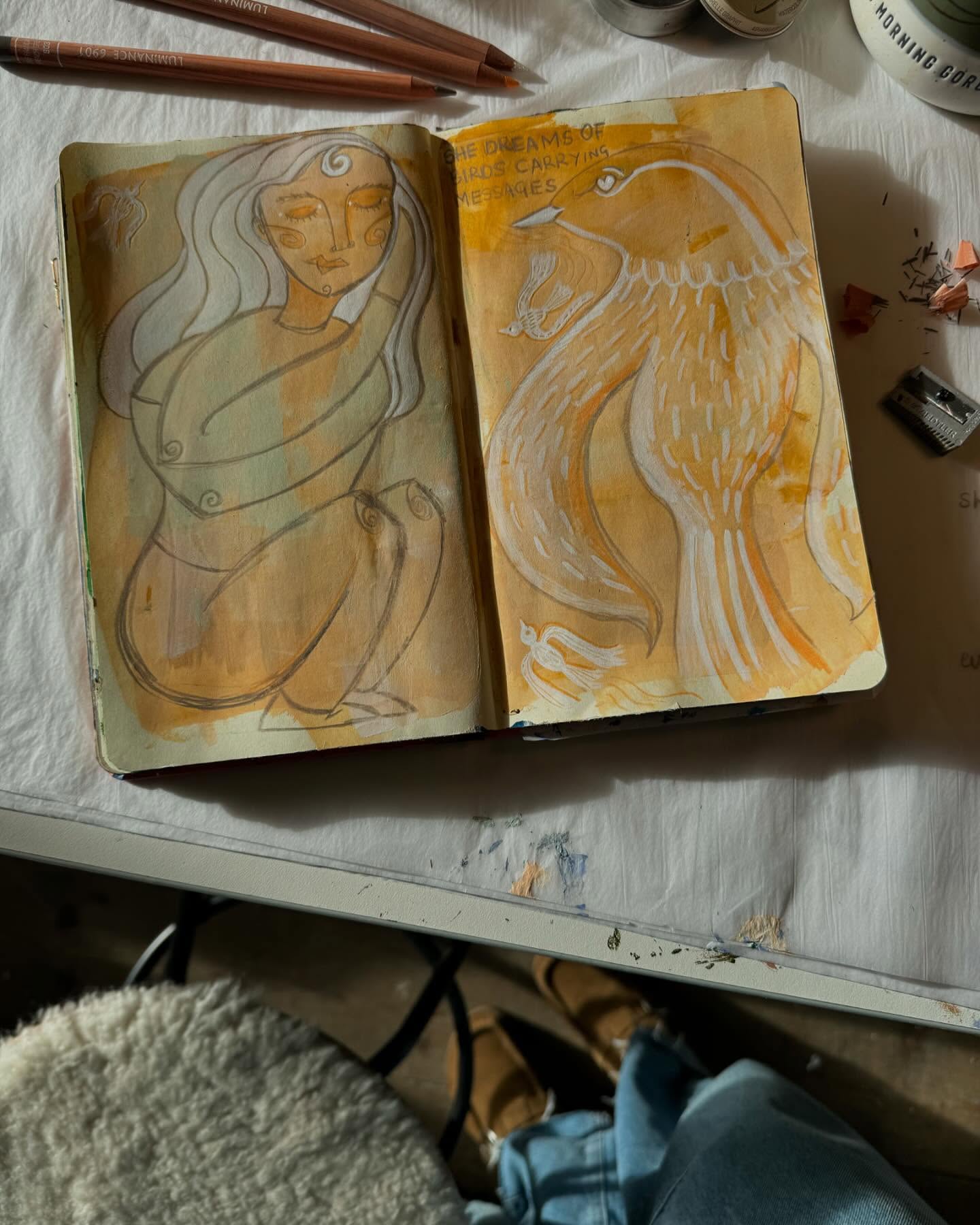 She dreams of birds carrying messages… 🐦⬛🪶💫
✨
There’s a certain kind of freedom to be found within the pages of my sketchbook, and I’m discovering it’s where I make the art I love the most ✨
✨
#sketchbook #illustrationartist #soulart #natureart #folkart #sketchart #artwork #wildwomen #wildwoman #wildwomanrising #carandache #dreaming #sacredbirds