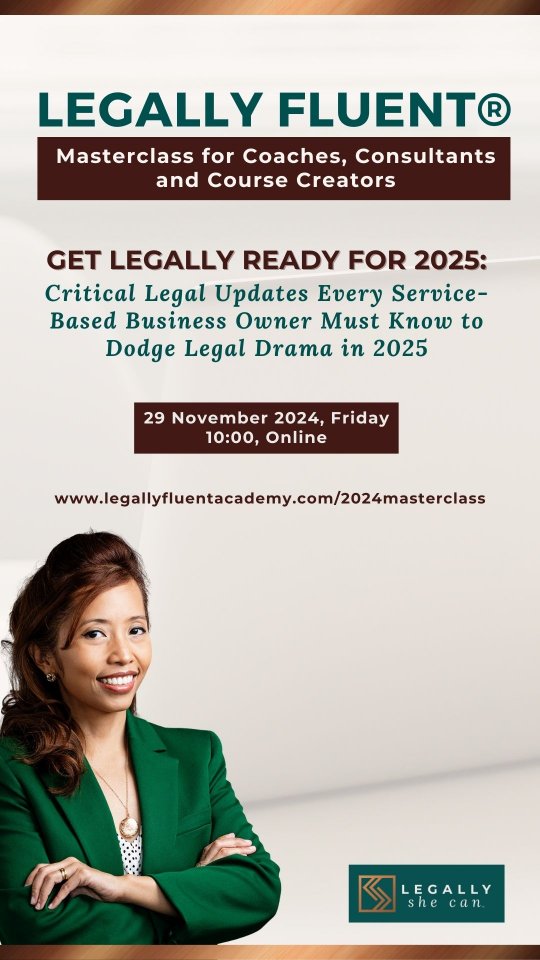❓Coaches and Course Creators, Are your ready for the legal changes that could impact your business in 2025??
In just less than 60 Minutes, I will break down the critical legal updates for 2025 and show you exactly the steps to avoid hot legal waters.
Join me on Friday, Spots are limited.
📌Link in the Bio
#coacheshelpingcoaches #swisscoach #coachingpersonal #coachonline #lifecoachjourney #lifecoachforwomen #swissbusiness #legallyfluent #coursecreator #healthcoach