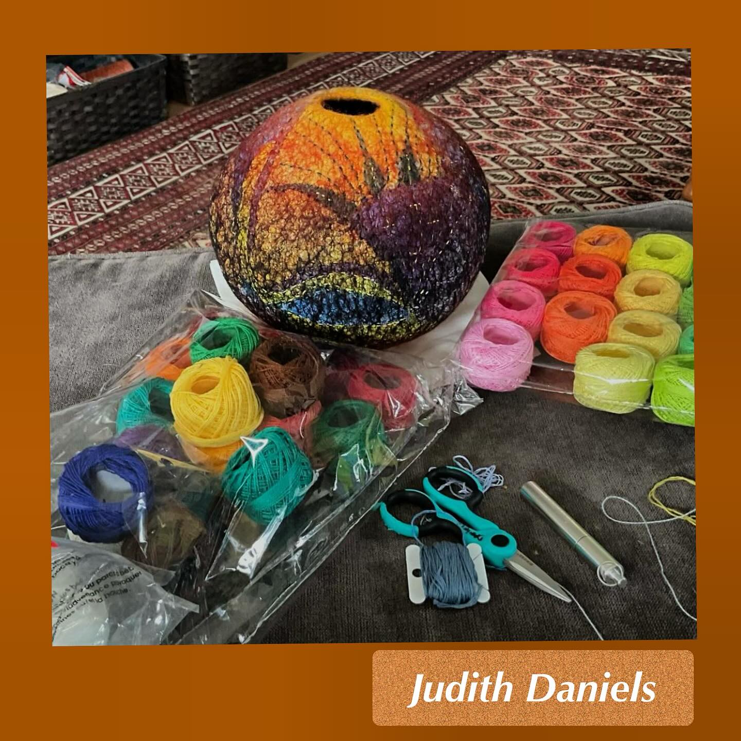 NEFG member @judith.m.daniels is doing some slow stitching on this vessel. The embroidery enhances the silk on the felted wool.