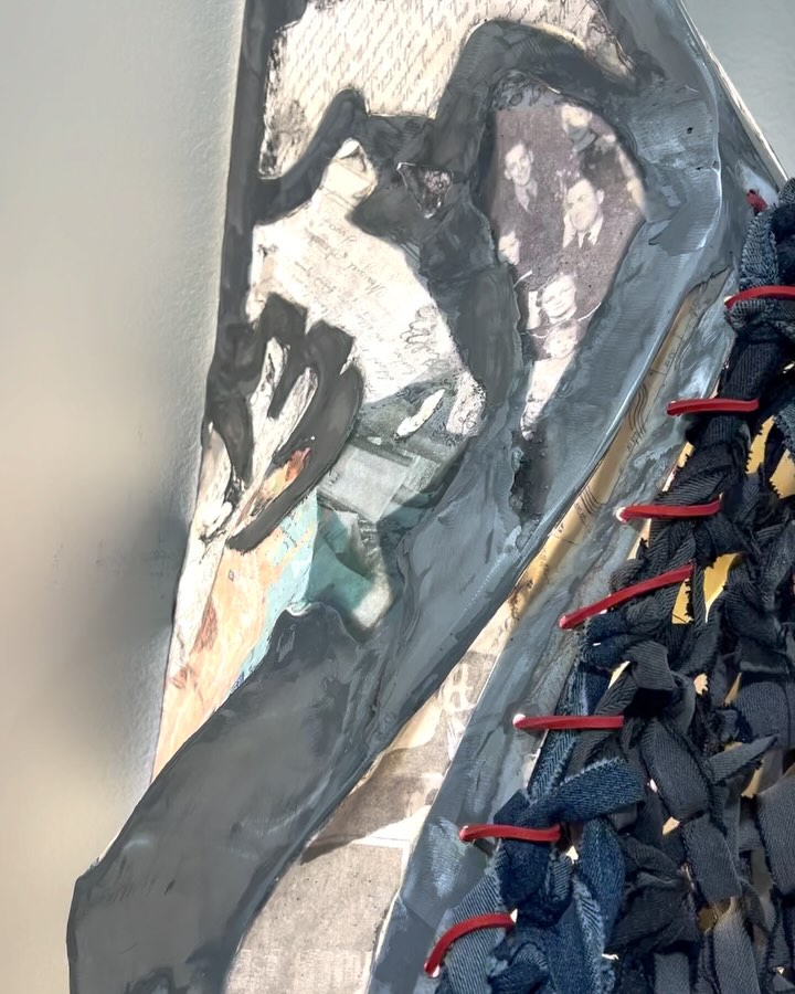 Work in progress.
After my hip surgery, I had to find something I could work on from bed. So, I asked a friend to bring me bags of old discarded jeans from a thrift store. I tore those into strips, tied those together to make yarn, and knit with giant wooden needles to make…
A weird jean…scarf?
Holey blanket?
Ineffective hot pad?
It was therapy to just make when I felt so helpless laying there. Making art is healing, even without knowing exactly what it will become.
Recently I welded an aluminum frame and have attached the knit jeans along with images and records from my ancestors.
Now I am staring at the people that I’ve inherited my GENES from. Are you picking up what I’m putting down?
Currently I’m working on the second and third in a series of these.
#jeansart #familyhistory #genealogy #aluminumsculpture #knittingyarn