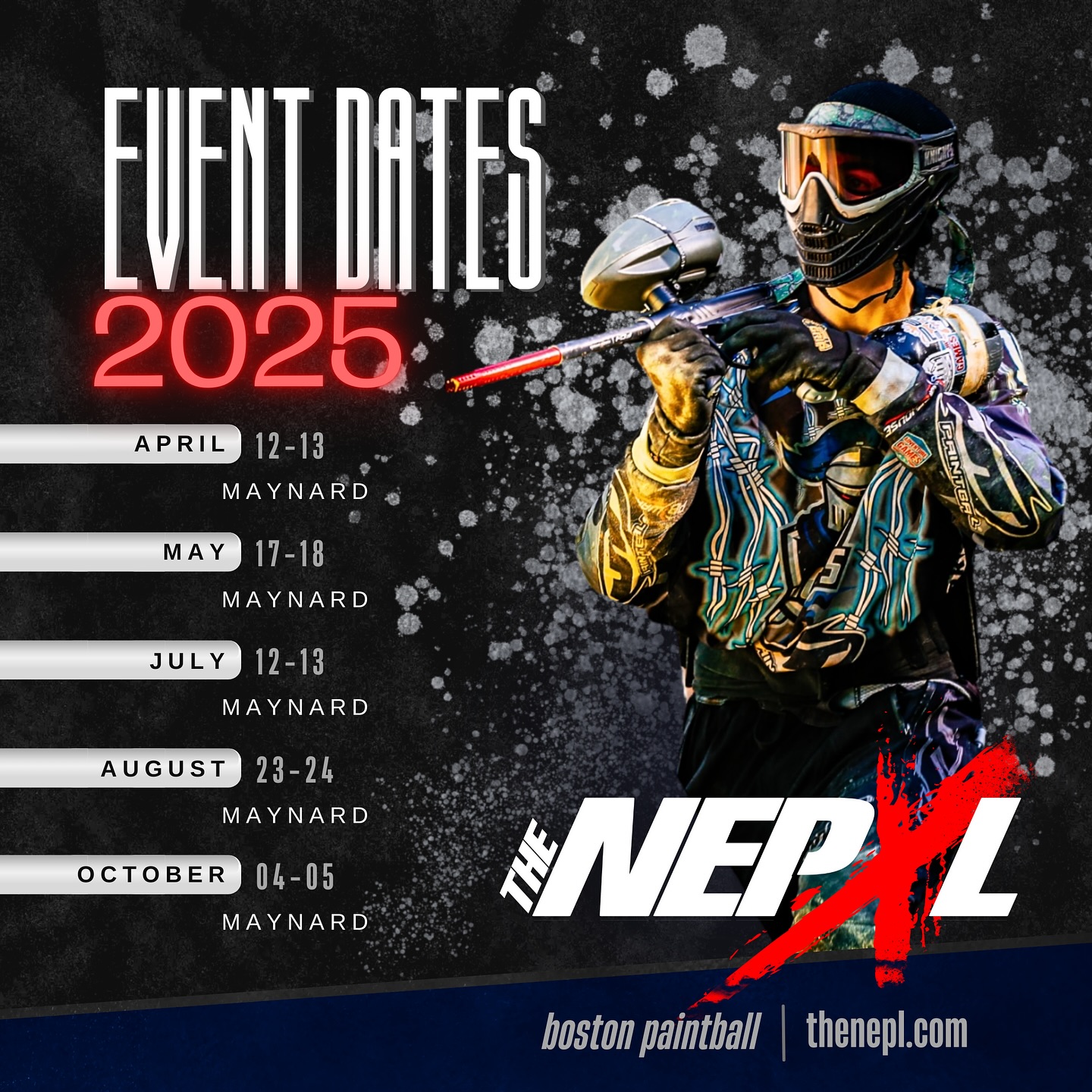 The wait is over! 🥳
🗓️ The 2025 NEXL tournament dates are set— time to start planning your path to the podium. 🏆
Who’s ready to make 2025 their season? 💥
Stay tuned for information on drill nights, free agent nights and the annual Captains Meeting scheduled for December 12th 🚨
#NEXL2025 #xball #tournamentpaintball #bostonpaintball #newenglandpaintball