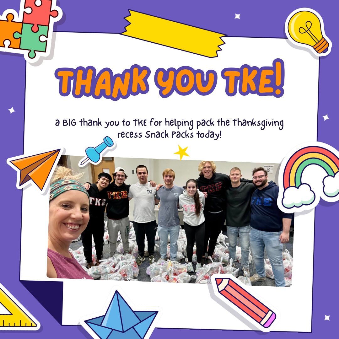 Snack Pack was busy this morning packing for the Thanksgiving recess at school. Shout out to @tke_clarkson for stepping in and helping us during this busy time of the year! Not only did TKE help us this morning, but they’ve been collecting bottles from @mcduffspub each week to donate to the program! We’re so lucky to have a group that’s so dedicated to our program!
@tke_fraternity @clarksonuniv
#snackpack #snacks #backpack #foodinsecurity #feedingkids #donate #volunteer #dedication