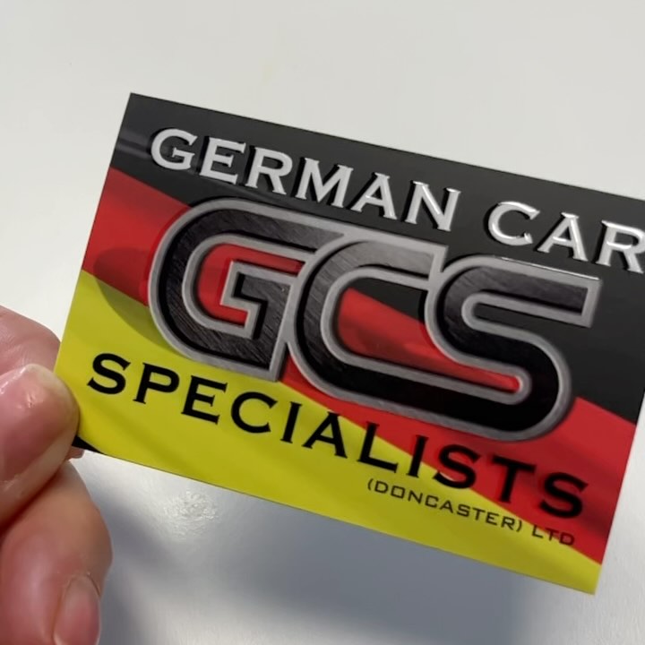 Shiny #spotuv business cards for @germancarspecialistsltd props to @green_frog_signs_ltd for the original logo design