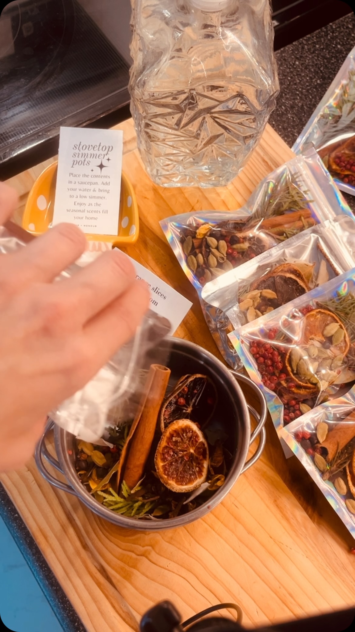 Get them while they are here. Infuse your home with the enchanting aromas of our Stovetop Simmer Pot. Each simmer pot kit is lovingly crafted with love and intention with a sprinkle of magic.
These wildly fragrant kits are made with premium dried herbs, spices, and organic dried oranges for an all-natural, captivating experience.
Our Holiday edition fills your space with the warm, spicy scent of cinnamon, nutmeg, and sweet orange bringing the cozy essence of the season right into your kitchen.
Crafted with love, inspired by nature, our simmer pots make the perfect gift for yourself or someone special in your life!
#handmadecandles #cleancandles #soywax #supportsmallbusiness #support-local #essentialoils
#soapandhonour
#viral-videos
#trendingnow #reeloftheday #candles #clean #candles #soapandhonour #handmade #reels #crystalcandles #candlesofinstagram #supportsmallbusiness #nontoxic #manifest #raiseyourvibration
#supportlocal #handmade #reels #crystalcandles #candlesofinstagram #cleanproducts #soapandhonour #essentialoils #gifts
