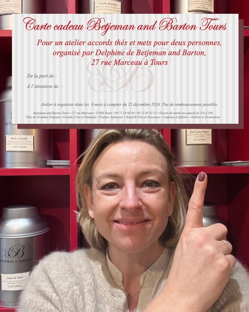 🎅🏻🫖 Offrez une expérience à vivre ! 🫖🎅🏻
Avec notre bon cadeau « à vivre » , offrez à vos proches une expérience inédite pour leurs papilles !
🫖 Un atelier privatisé autour du thé animé par mes soins… 🫖
Les ateliers se déroulent en groupe ou à deux, chez vous ou à la boutique de Tours, et les thématiques peuvent être adaptées à votre souhait.
Les thématiques les plus demandées sont :
- Blind Tea Test
- Toutes les couleurs de thé
- Accords thés et fromages (mon chouchou)
- Accords mets et thé…
Durée moyenne : 2 heures de dégustation, à compter de 35 euros par personne en fonction de la thématique et du lieu choisis.
Pour réserver votre atelier :
📧 Un mail à dtiercelin@betjemanandbartontours.com
☎️ Appelez moi au : 06 21 85 92 31
#tours #toursmaville #tourscity #toursvaldeloire #regioncentrevaldeloire #sortiratours #toursevenements #betjemanandbarton #toursetmoi #tisanebio #sansalcool #thenoir #thevert ##toursvaldeloiretourisme #myloirevalley #touraineloirevalley #miam #yummy #christmas #noel #noel2024 #cadeau #gift #atelier #degustation #tealover #teatime #accordmetsetthés #teapairing