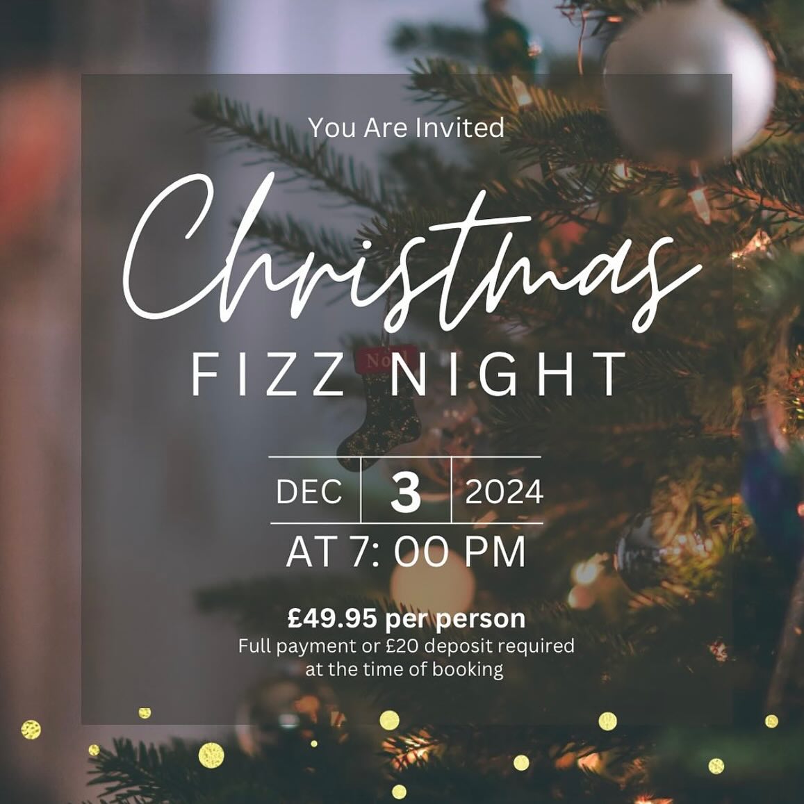 Some spaces still remaining ✨
Enquire today on 0151 342 3420
Looking for a festive date night idea or the perfect evening with friends to start the festive season? Look no further than our festive fizz night on the 3rd of December.
Enjoy a festive atmosphere, festive foods and 5 different glasses of fizz! 🎄
