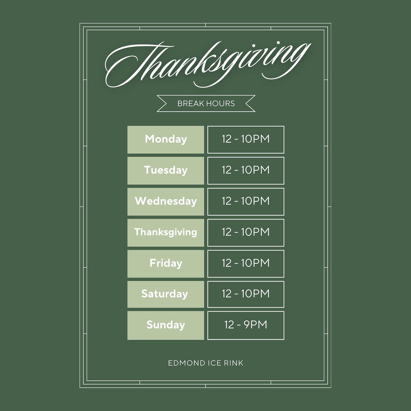 Looking for something to do this Thanksgiving Break? Come join us at the Edmond Ice Rink! We have extended hours November 25th - 30th!