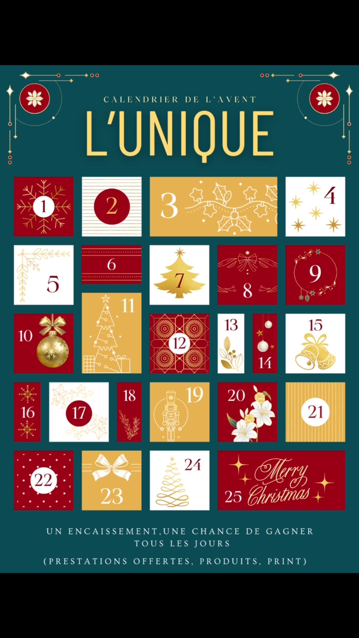 ⭐️ Calendrier de l’avent L’UNIQUE ⭐️
Un encaissement, une chance de gagner!
#lunique #luniquequimper #calendrierdelavent #noel #quimper