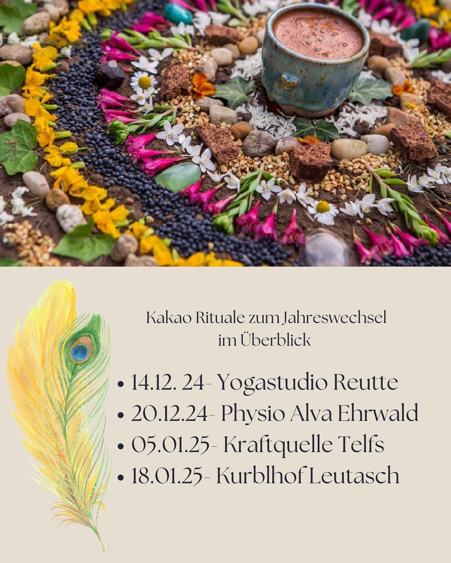‼️ ‼️ ‼️
Alle Termine im Überblick 🥰
14.12. Yogastudio Reutte
20.12. Physio Alva Ehrwald
05.01. Kraftquelle Telfs
18.1. Kurblhof Leutasch
Willst du mehr erfahren über den Sinn und die Wirkung eines Kakaorituals, dann schau auf meine Webseite ☺️
www.wildflow-Yoga.at
Ich freu mich mit euch diese besondere Zeit zu feiern!
@yogastudio.reutte
@physioalva
@steffiejohanna
@kurblhof_appartement_leutasch
#kakaoritual #krafttierreise #herzöffnung #wintersonnwende #weihnachten #jahreswechsel #rauhnächte