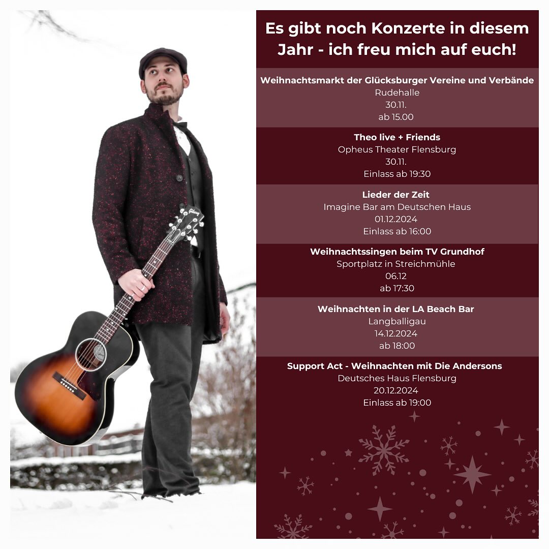 Ihr Lieben: es gibt noch Gelegenheit gemeinsam dieses Jahr ausklingen zu lassen - Swiped euch durch die letzten Konzerte des Jahres - ich freu mich auf euch!! 🥰 #flensburg #singersongwriter #theoklattenhoff #konzerte #konzertflensburg #flensburgliebtdich