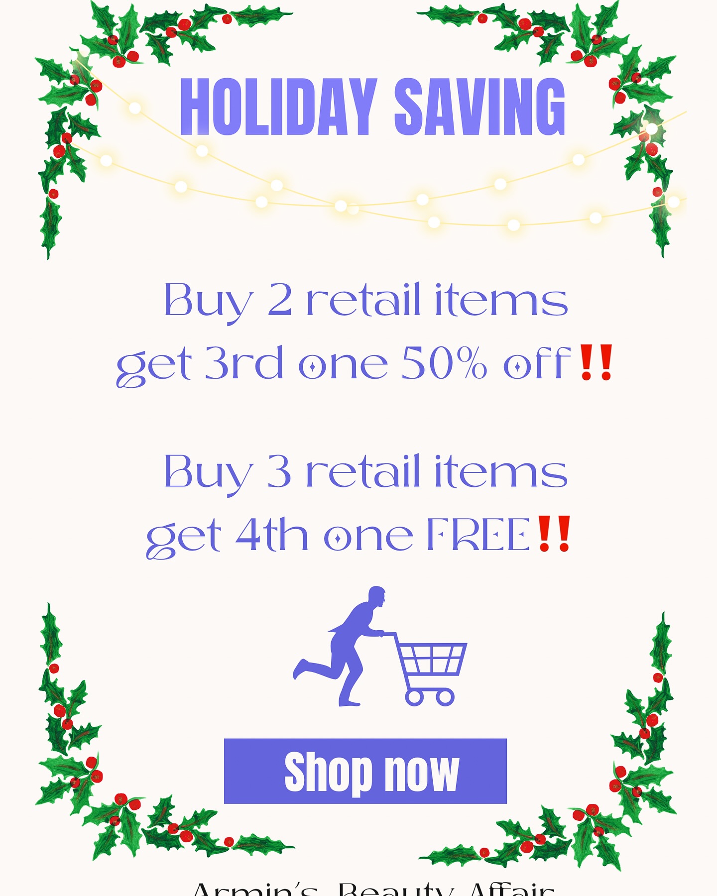 🎅🎄 HO HO HOLIDAY DEALS ARE HERE! 🎄🎅
This Christmas, fill your stockings with beauty treats for everyone on your list (and maybe a little something for yourself 😉):
🎁 Buy 2 items and get the 3rd at 50% OFF!
🎁 Buy 3 items and get the 4th completely FREE!
✨ Perfect for gifting or creating your ultimate holiday glow! ✨
🎀 Hurry, these magical savings won’t last long – visit Armin’s Beauty Affair today and make this season merry and beautiful! 🎀
🎄 Tap Shop Now and let the Christmas shopping begin! 🎅
#ChristmasDeals #HolidaySavings #BeautyForTheHolidays #ChristmasShopping #ArminsBeautyAffair #glamandglow