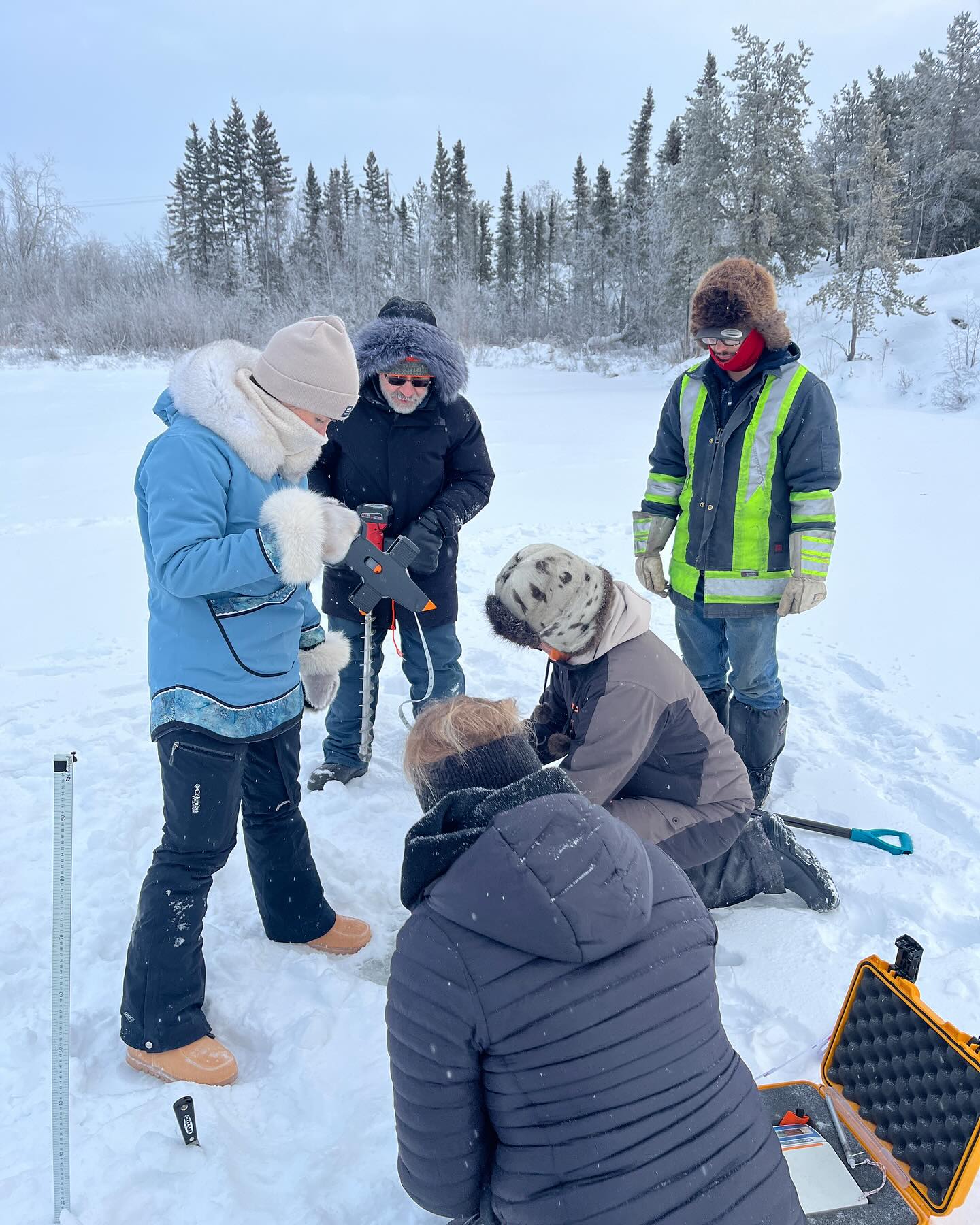 Huge thank you to Laurier researchers for their training today! We had North Slave Métis and Tłı̨chǫ guardians attend in preparation for the upcoming Tibbitt to Contwoyto Winter Road season. The group learned about taking snow, ice and water measurements using various tools in the field. They then took the data back to the classroom to calculate metrics like snow density, snow water equivalent and much more. Thank you to Orna for organizing the event, and to Alicia, Madeline and Isabel for the training!!