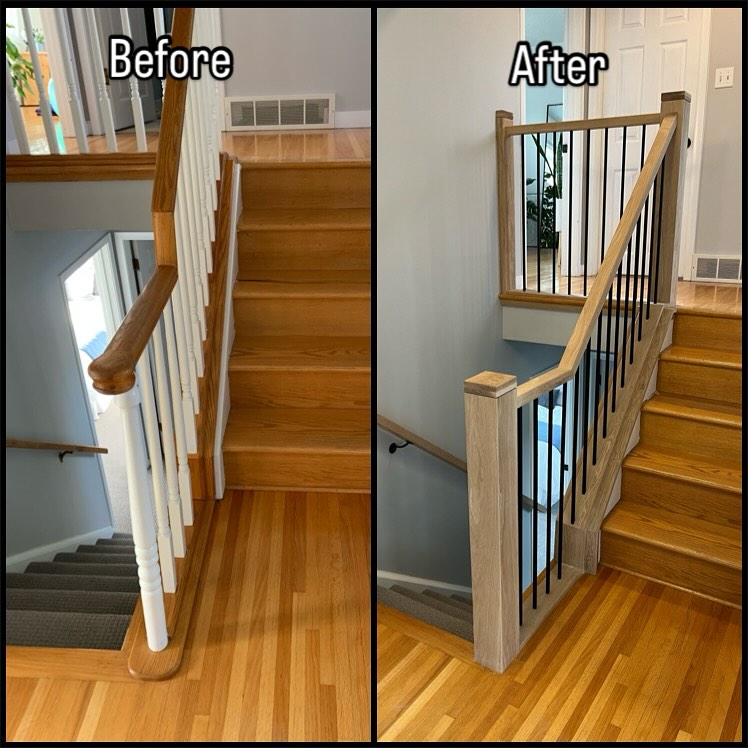 Before and after of Red Oak to White Oak 🤩
#whiteoak #customrails #railingideas #beforeandafter #gwrailings #regina #interiorrailings
