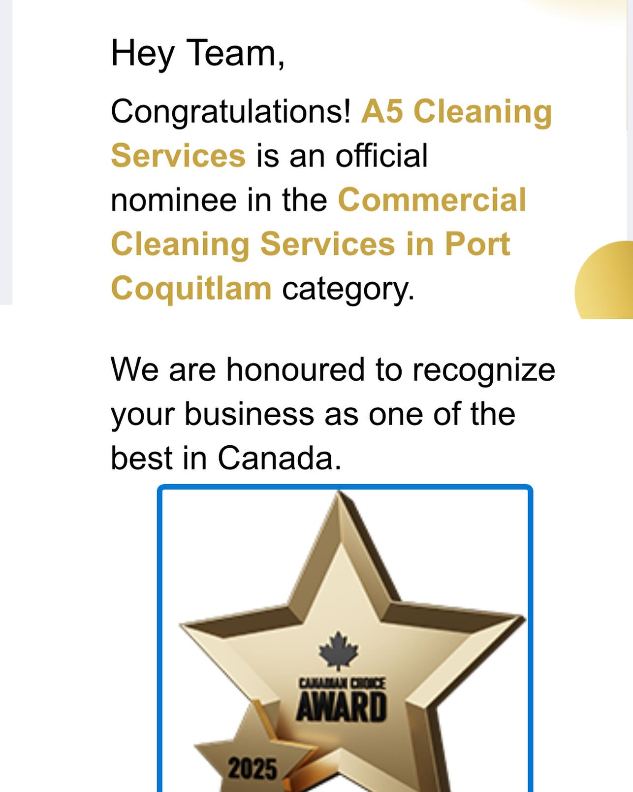 We are so excited to announce we have been nominated for the Canadian Choice Awards! Thank you to all of you who nominated us! 🫶🌟
#supportlocal #hardwork #customerswrbice #clientsatisfaction #buildingrelationships #lowermainland #headofficeportcoquitlam #newwestminster #portcoquitlam
#langley #fortlangley #restaurantcleaning #restorationservices #mainofficenewwestminsterbc #vancouver #tricities #burnaby #abbotsford #surrey #whiterock #britishcolumbia #edmonton #canada #commercialcleaning #CanadianChoiceAward2025 #ProudNominee #CCA2025 @a5cleaningservices