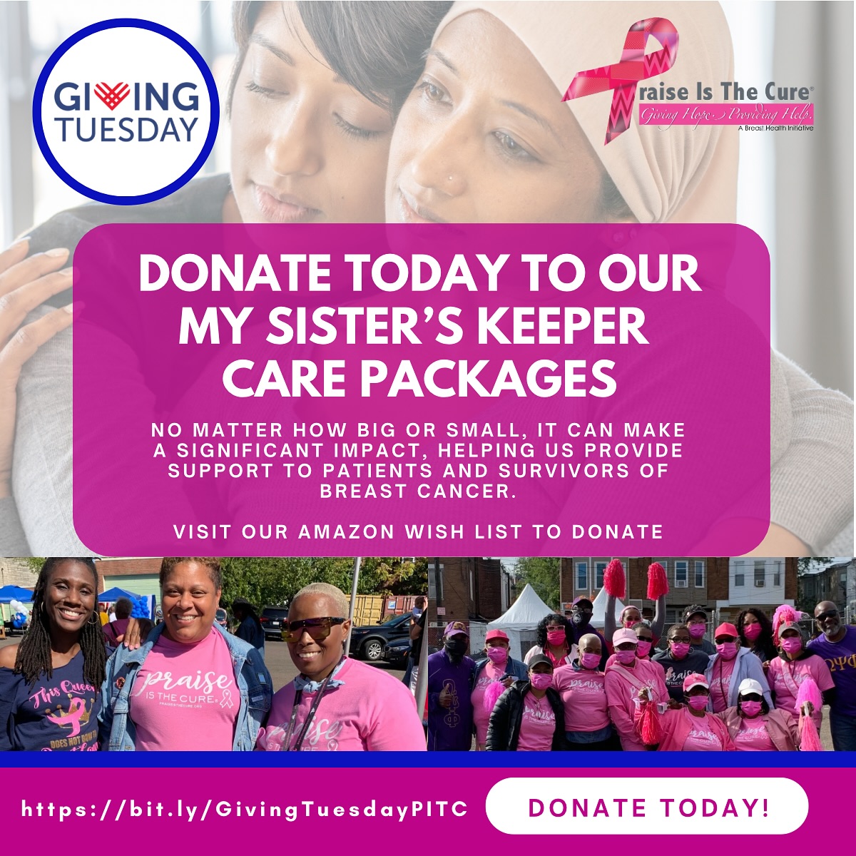This #GivingTuesday, join Praise Is The Cure in making a difference! Help us fill My Sister’s Keeper care packages with love, hope, and essential items for those fighting breast cancer. 💖✨
💌 Donate or contribute through our Amazon Wish List and be a part of their healing journey. Every gift, big or small, brings comfort and strength to a sister in need.
Donate Here: https://bit.ly/GivingTuesdayPITC
Together, we can uplift, empower, and make a lasting impact.
#GiveHope #MySistersKeeper #PraiseIsTheCure #GivingTuesday #AmazonWishList #DonateToday #DonateForACause #CarePackages #CarePackageItems