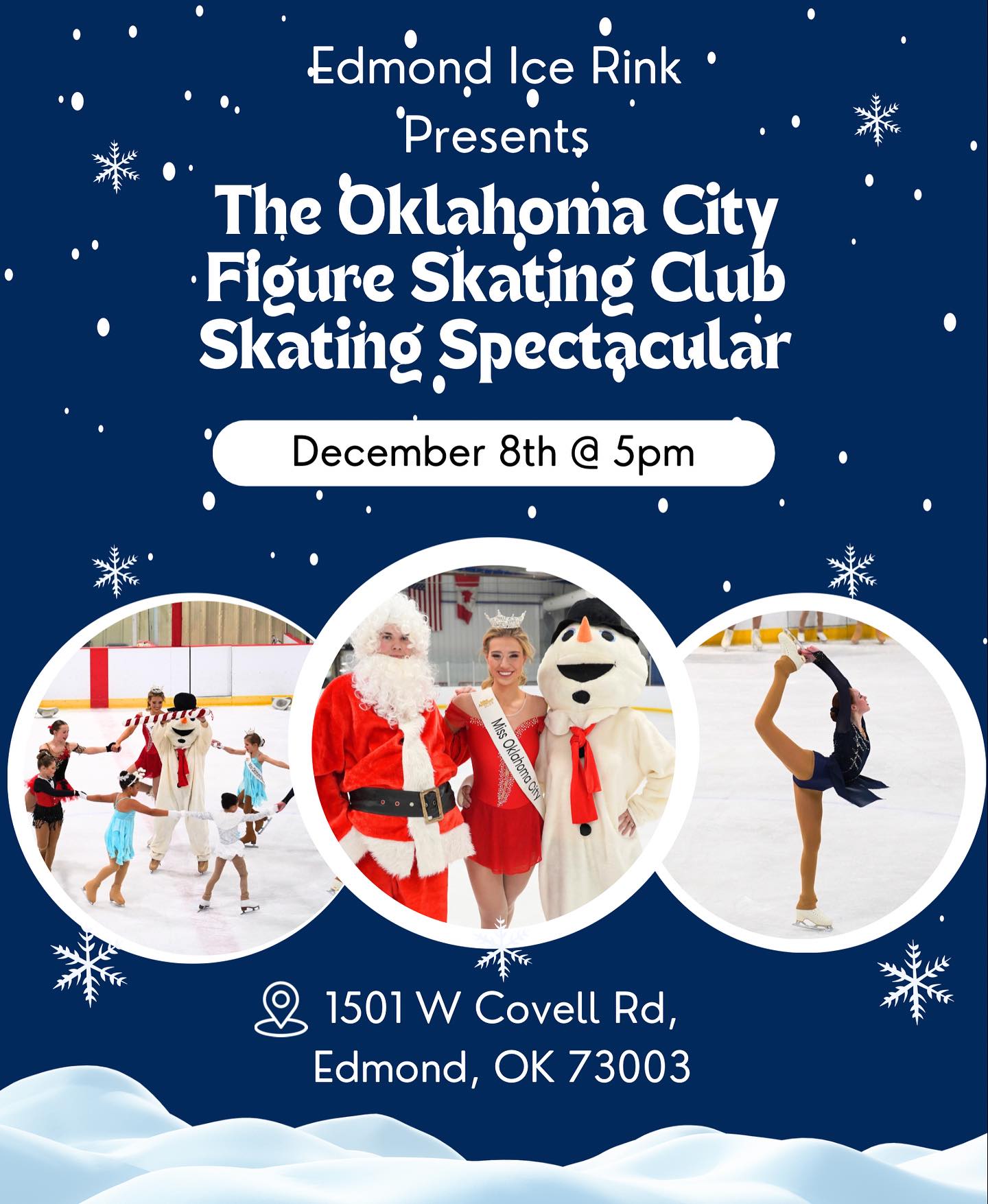 Mark your calendars! The Oklahoma City Figuring Skating Club will be performing at the Edmond Ice Rink on December 8th at 5pm!! ⛸️