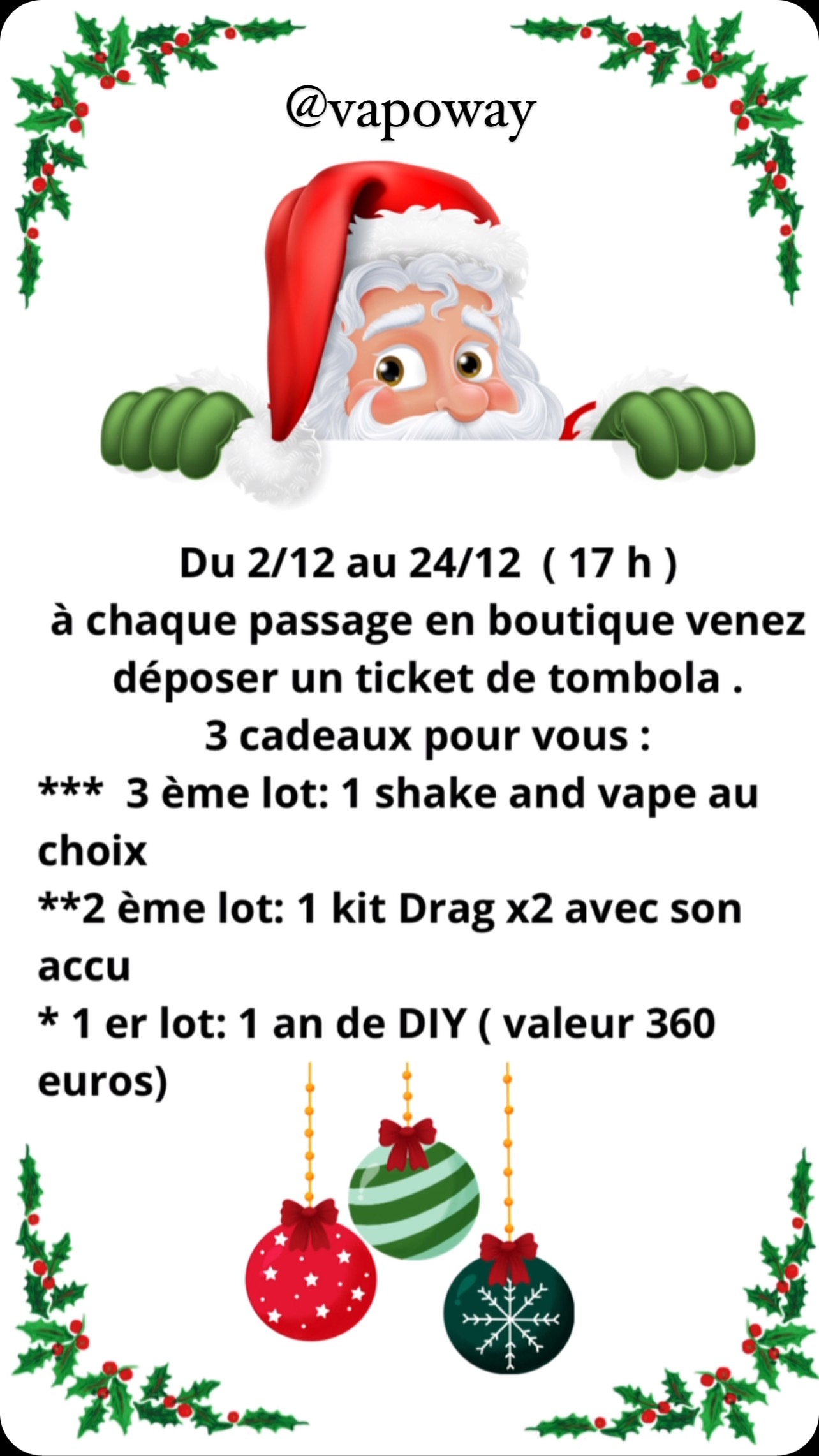 Vite vite vite !!!! Venez mettre un ticket de tombola dans les urnes des magasins de Lorient ou d’Hennebont . À chaque passage en caisse vous mettez un ticket ( 1 ticket max par jour😉) .
Tirage au sort le 24 décembre vers 17h30 🎄🎅
Nous serons ravis de vous offrir votre premier cadeau 🎁
Jeu destiné aux personnes majeures et client de notre magasin.
À très vite ☺️