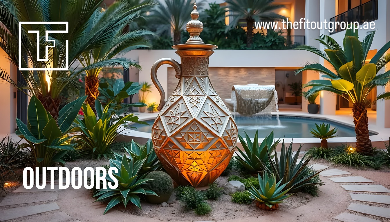 Our new endeavor to create an Arabian-inspired outdoor retreat, to reflect Arabian culture and heritage, featuring a grand, intricately patterned vase as the centerpiece, symbolizing traditional craftsmanship. The space is framed by palm trees and agave plants, evoking the natural landscapes of the Arabian Peninsula. Contact us for your Project Today! 🏠 💎✨#interior #interiors #interiordecor #interiordecorating #interiorinspiration #luxurylifestyle #luxuryhomes #luxuryinteriors #interiordesign #outdoor #outdoors #outdoorwedding #outdoordesign #outdooradventures #dubailife #dubaivilla #dubaivillaliving