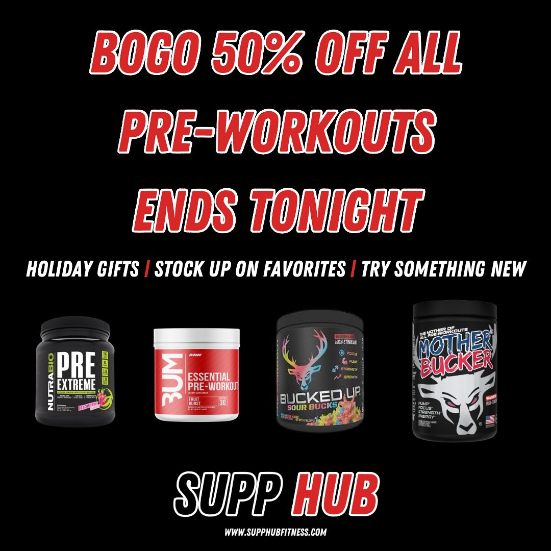 Last chance for BOGO 50% off pre-workouts and 20% off all products!
This is the perfect chance to get a holiday gift, stock up on your favorites, or try something new. Mix and match any pre-workout brands and products.
The BOGO 50% off deal will automatically apply at checkout. FREE same-day local delivery available.