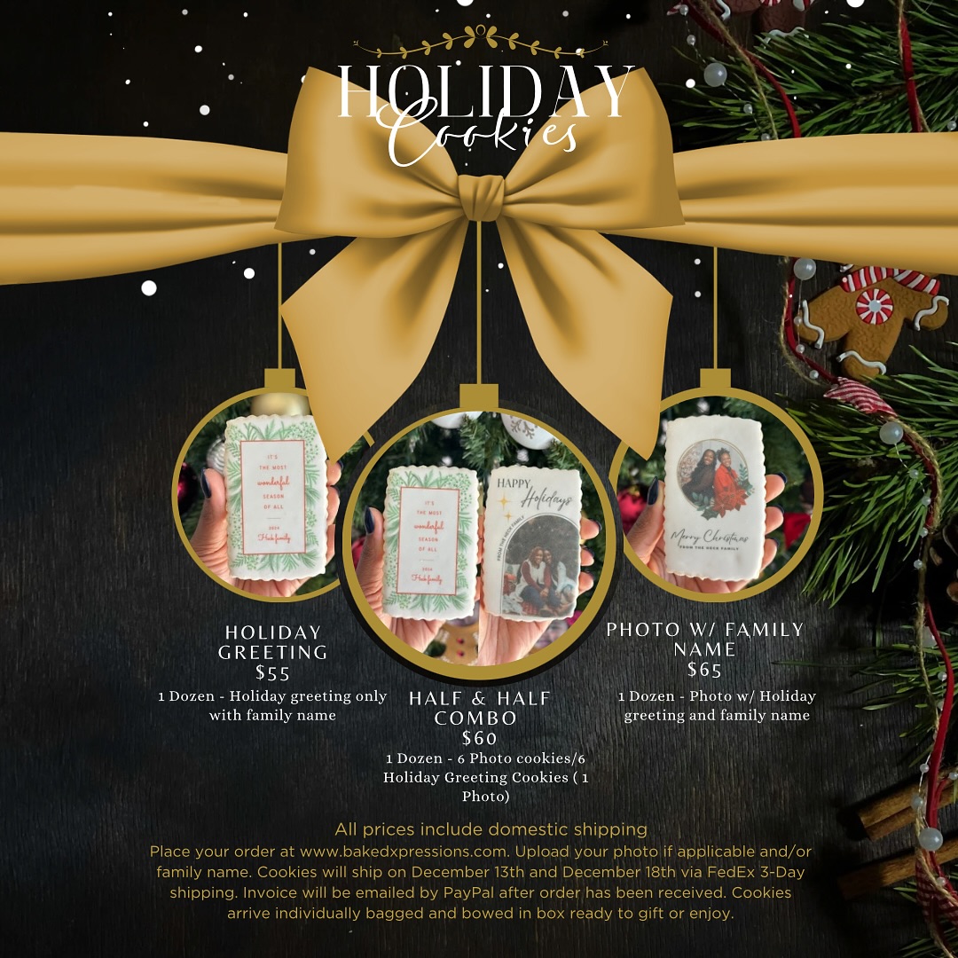 Hello and Happy Holidays! What better way to celebrate than with custom cookies! Place your order and upload your photo if applicable and/or family name. You will receive your invoice payable upon receipt. Select your ship date from dates provided. You can message me or email bakedxpressions@gmail.com. Thank you!