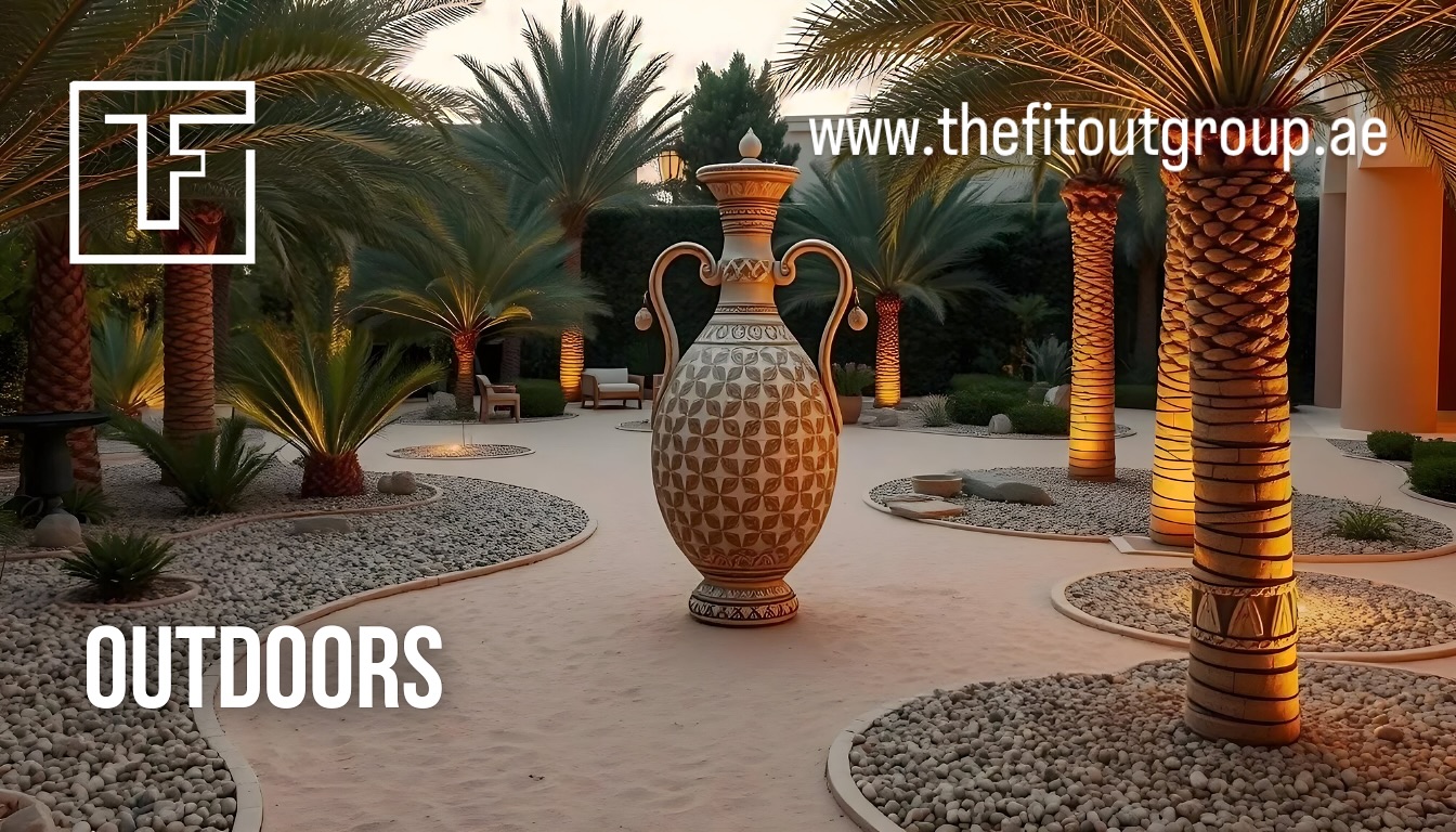 Our new endeavor to create an Arabian-inspired outdoor retreat, to reflect Arabian culture and heritage, featuring a grand, intricately patterned vase as the centerpiece, symbolizing traditional craftsmanship. The space is framed by palm trees and agave plants, evoking the natural landscapes of the Arabian Peninsula.#fitoutcontractors #fitoutdubai #fitoutinteriors #fitoutcontractors #fitoutservices #fitoutuae #fitoutworks #interiordesign #interior #interiors #interiordesigner #homeinterior #interiordesigner #interior4all #interiorinspiration #interiorarchitecture #luxuryvilla #hotel #hoteldesign #realestate