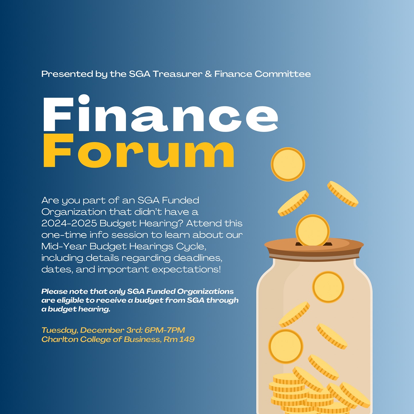 🚨 Calling all SGA Funded Organizations! Join the SGA Treasurer and Finance Committee this Tuesday from 6-7PM in CCB 149 to learn about all details regarding our upcoming Mid-Year Budget Hearings. 📝💸🪙
Please note that only SGA Funded Organizations that *did not* have a 2024-2025 Budget Hearing are eligible to request a Mid-Year Budget Hearing.
Direct all questions to SGAtreas@umassd.edu and SGApres@umassd.edu!