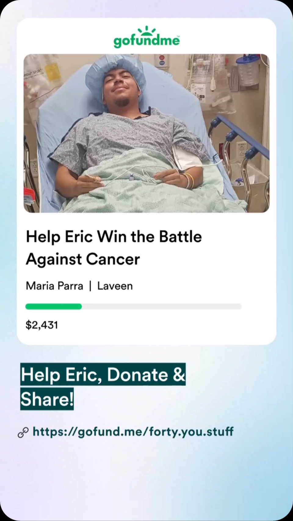 Please help Eric and his family during this difficult time. Anything helps. #cancersucks #beatcancer #cancerfighter