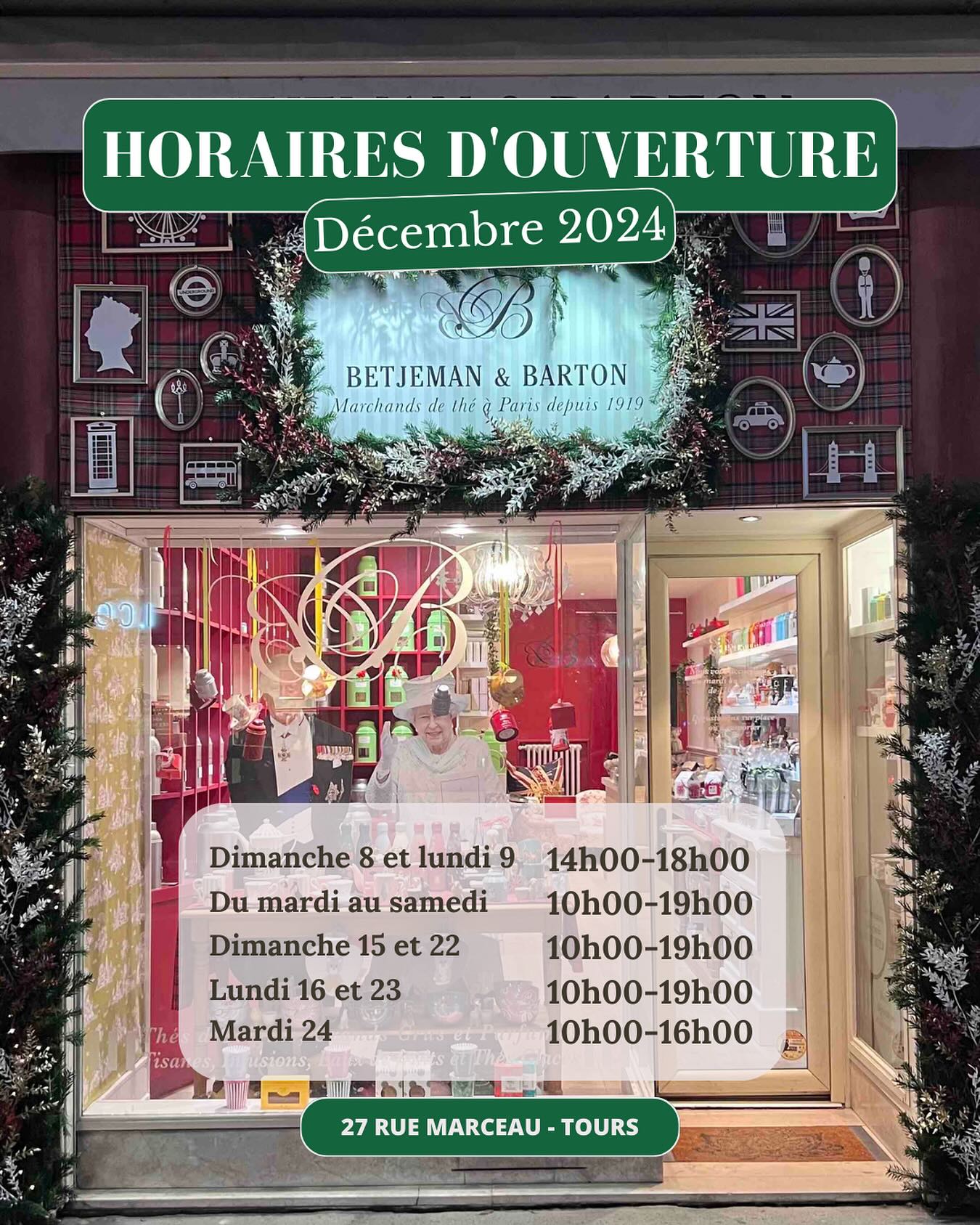 🎄🫖🎅🏻 CHRISTMAS SHOPPING 🫖🎄🎅🏻
Voici nos horaires de décembre pour un shopping zen !
Nous ouvrons plus tôt pour vous permettre d’éviter la foule, notamment la semaine précédant Noël.
#tours #toursmaville #tourscity #toursvaldeloire #regioncentrevaldeloire #sortiratours #toursevenements #betjemanandbarton #toursetmoi #tisanebio #sansalcool #thenoir #thevert ##toursvaldeloiretourisme #myloirevalley #touraineloirevalley #miam #yummy #christmas #noel #noel2024 #christmasshopping #shoppingdenoël