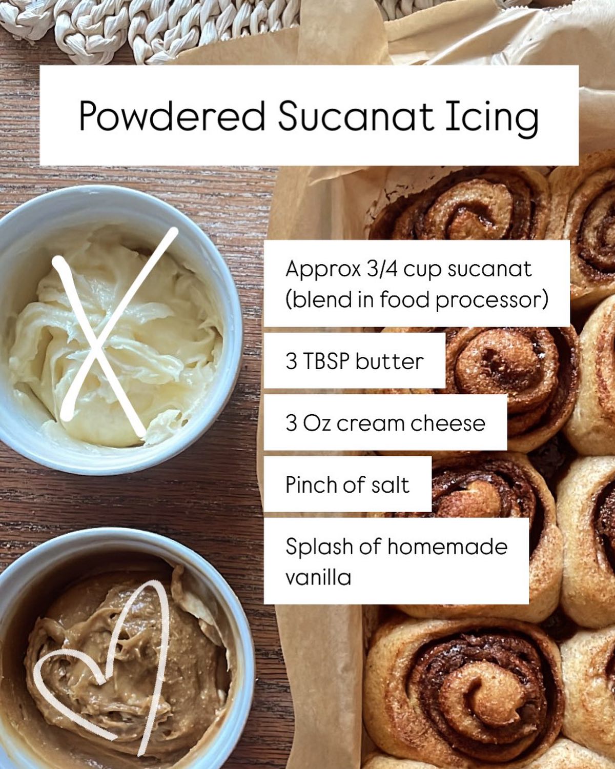 We tested powdered sugar and powdered sucanat side by side this morning. If icing usually leaves you feeling nauseated you should give sucanat a try. It is pure cane sugar hand paddled over low heat. Sure it is expensive but it has a great flavor ➕ in our opinion the health benefits of sucanat vs the health risks of consuming a normal highly processed sugar far outweigh any slight difference in looks! Slightly less sweet but actually beneficial for your brain and body!