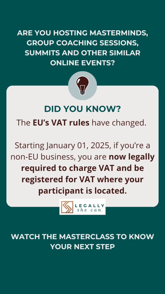 🚨 THIS IS NOT A DRILL: EU VAT RULES ARE CHANGING 🚨
Here’s the deal: If you’re a non-EU business, you must now charge VAT from the very first participant of your Summit, Group Coaching, Mastermind, online Conferences or similar services.
This also means that you need to be VAT registered where your participant is located.
Want to know how to comply with the rules with ease?
👉 Watch the Masterclass on Legal Updates for Coaches, Consultants, and Course Creators.
Bonus: You’ll also get access to a mini masterclass series packed with updated tips to align your business with your dream lifestyle.
✨ Link in the profile
Are you ready for 2025?
#lifecoachjourney #coachonline #coachingpersonal #coursecreator #coacheshelpingcoaches #healthcoach