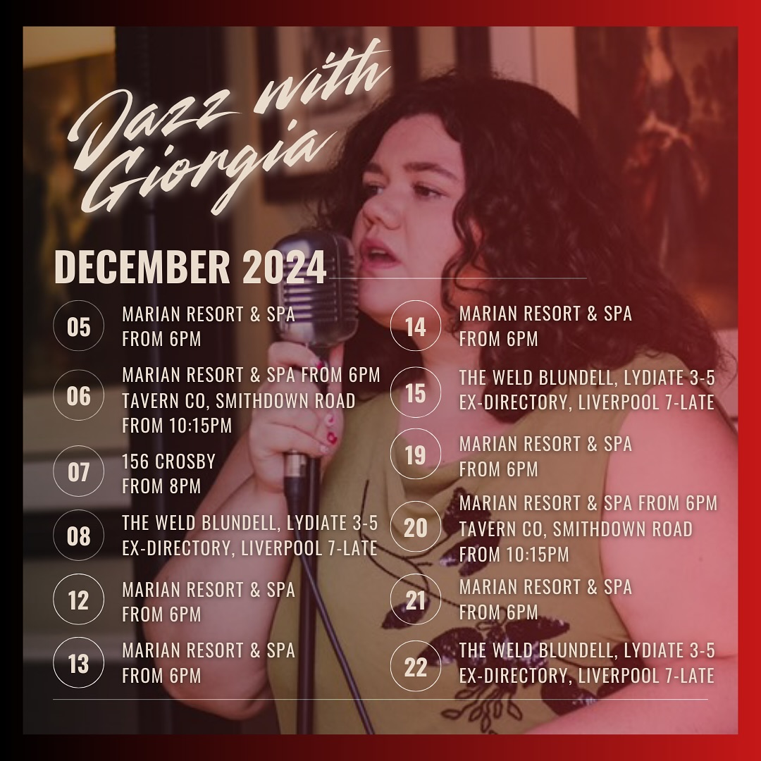 🎄✨ It’s the most wonderful time of the year… and what better way to celebrate than with the timeless magic of jazz? 🎶 This December, I’ll be spreading festive cheer across Merseyside and North Wales, bringing your favorite classic jazzy Christmas songs to life. 🌟
Whether you’re out for a cozy evening or planning the perfect holiday outing, the amazing venues I’ll be performing at have some fabulous festive deals to make your night truly unforgettable. 🎅🎤
So, keep an eye out for me, your favorite local jazz singer! Let’s make this Christmas sparkle together with soulful tunes and holiday vibes. 💃🎺✨
🎷 Check out my upcoming dates & venues – let’s get jazzy!
#JazzWithGiorgia #LiveMusic #ChristmasJazz #MerseysideMusic #NorthWalesEvents #FestiveVibes #whatsonliverpool #whatsonnorthwales #jazzsinger #ukjazz #ellafitzgerald #dorisday #billieholiday #pistmodernjukebox #ukweddingsinger #ukevents