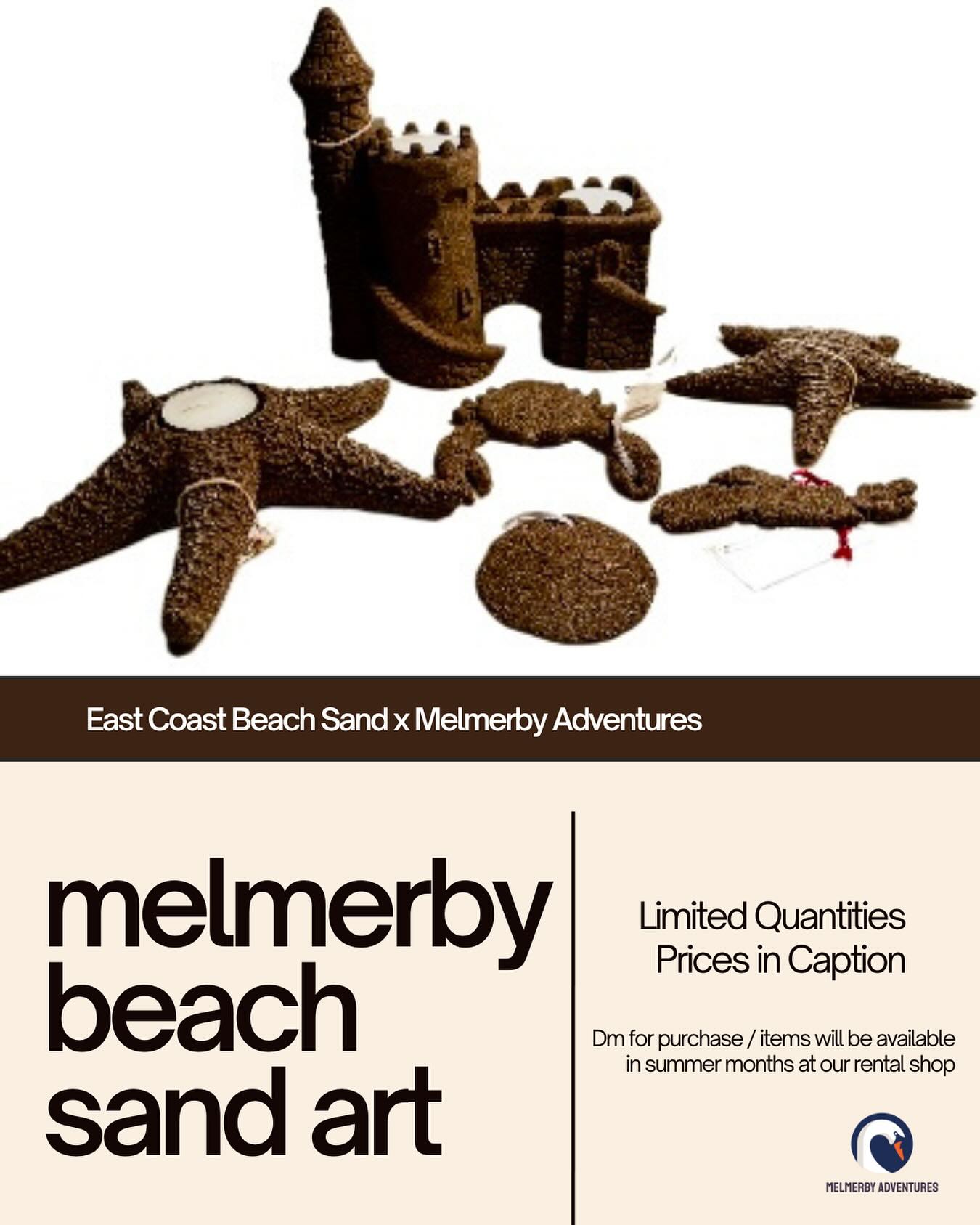 Just in time for Xmas Melmerby Beach sand products made by East Coast Beach Sand each made with sand from the Inner Bay at Melmerby Beach.
Items will be available this summer at our rental shop.
Prices are:
Sand Castle Candle Holder $60
Starfish Candle Holder $30
Starfish $20
Nova Scotia/ Sand Dollar/ Crab Ornaments $15