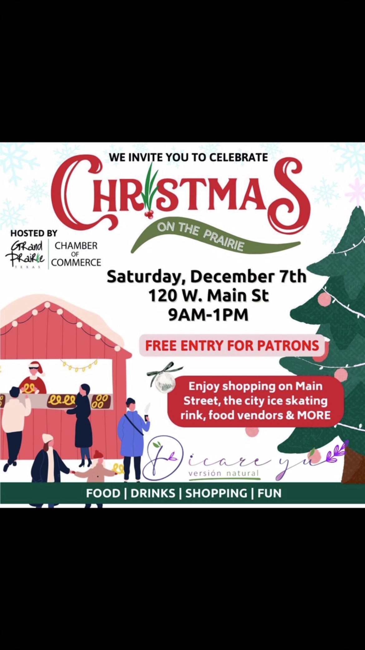 🎉❄️ ¡La temporada navideña está aquí y tenemos un evento increíble para ti! ❄️🎉
Te invitamos a **Christmas on the Prairie** el sábado 7 de diciembre de 9 am a 1 pm. Ven a disfrutar de un día lleno de diversión y magia navideña en **120 W. Main St, Grand Prairie, Texas**. 🎄✨
¡No te pierdas la pista de patinaje que hemos preparado para ti! Es la oportunidad perfecta para disfrutar con amigos y familiares mientras celebramos juntos la alegría de la Navidad. ⛸️❤️
¡Habrá actividades para todos y muchas sorpresas! Así que trae tu mejor espíritu festivo y ven a hacer recuerdos inolvidables.
¡Te esperamos! 🎅🏼🌟
#ChristmasOnThePrairie #Navidad2024 #DiversiónEnFamilia #grandprairieevents