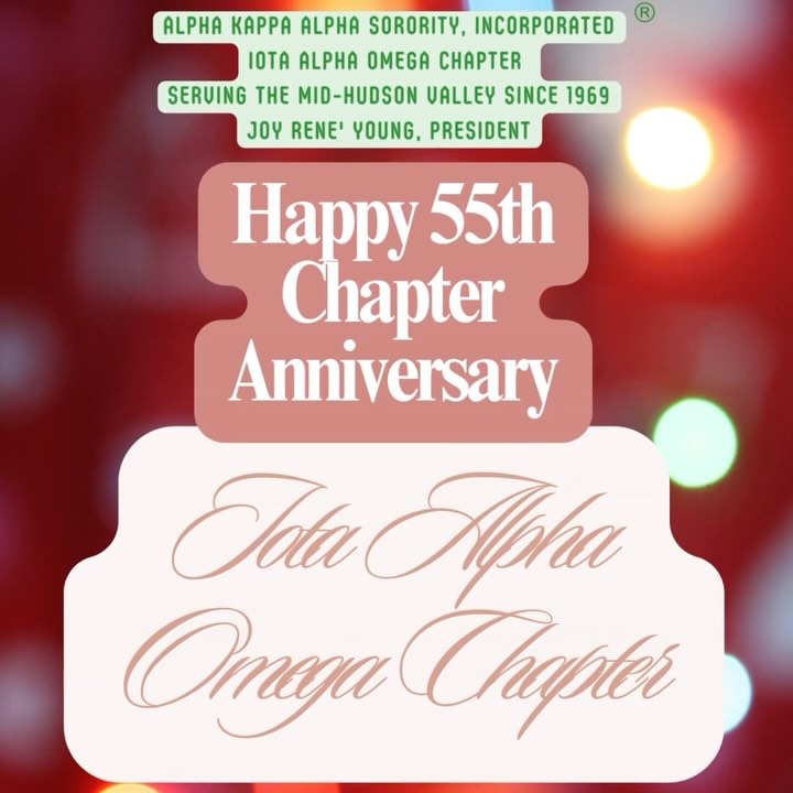 Celebrating 55yrs! We are Iota Alpha Omega, the 375th chapter of Alpha Kappa Alpha Sorority, Incorporated, located in Poughkeepsie, NY. Chartered on December 6, 1969, Iota Alpha Omega has proudly been of “Service to All Mankind” for over half a century to the residents of the Mid-Hudson Valley and its surrounding communities. #alphakappaalphasororityincorporated #iotaalphaomega #midhudsonvalley #aka1908💗💚 #aka1908nar #55thanniversary #celebrating55years
