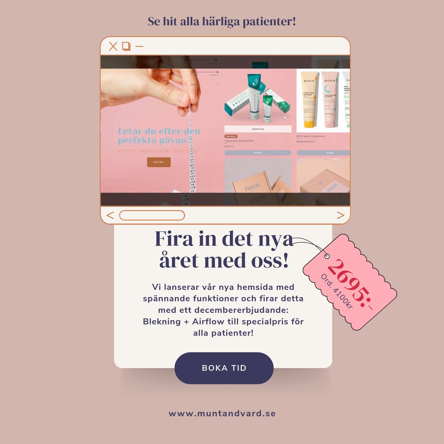 ✨ Kära patienter och följare! ✨
Vi smygöppnar vår nya hemsida och firar detta med ett exklusivt erbjudande: 🎉 Blekning + Airflow till specialpris hela december! 🎉
Just nu kan ni boka tid via mail eller telefon, och från imorgon öppnar vår nya bokningsfunktion direkt på hemsidan. Uppge ”dec-erbjudande” när ni bokar för att ta del av kampanjen. Vi ser fram emot att ta hand om er och hjälpa er till ett strålande leende! ❤️
📧Info@muntandvard.se
📲 08-54248585
Tack för att ni följer oss och är en del av MUNs resa – vi❤️er!
#FörVåraPatienter #NyttLeende #Smygöppning #Specialerbjudande #tacksamma #decembererbjudande #muntandvård
