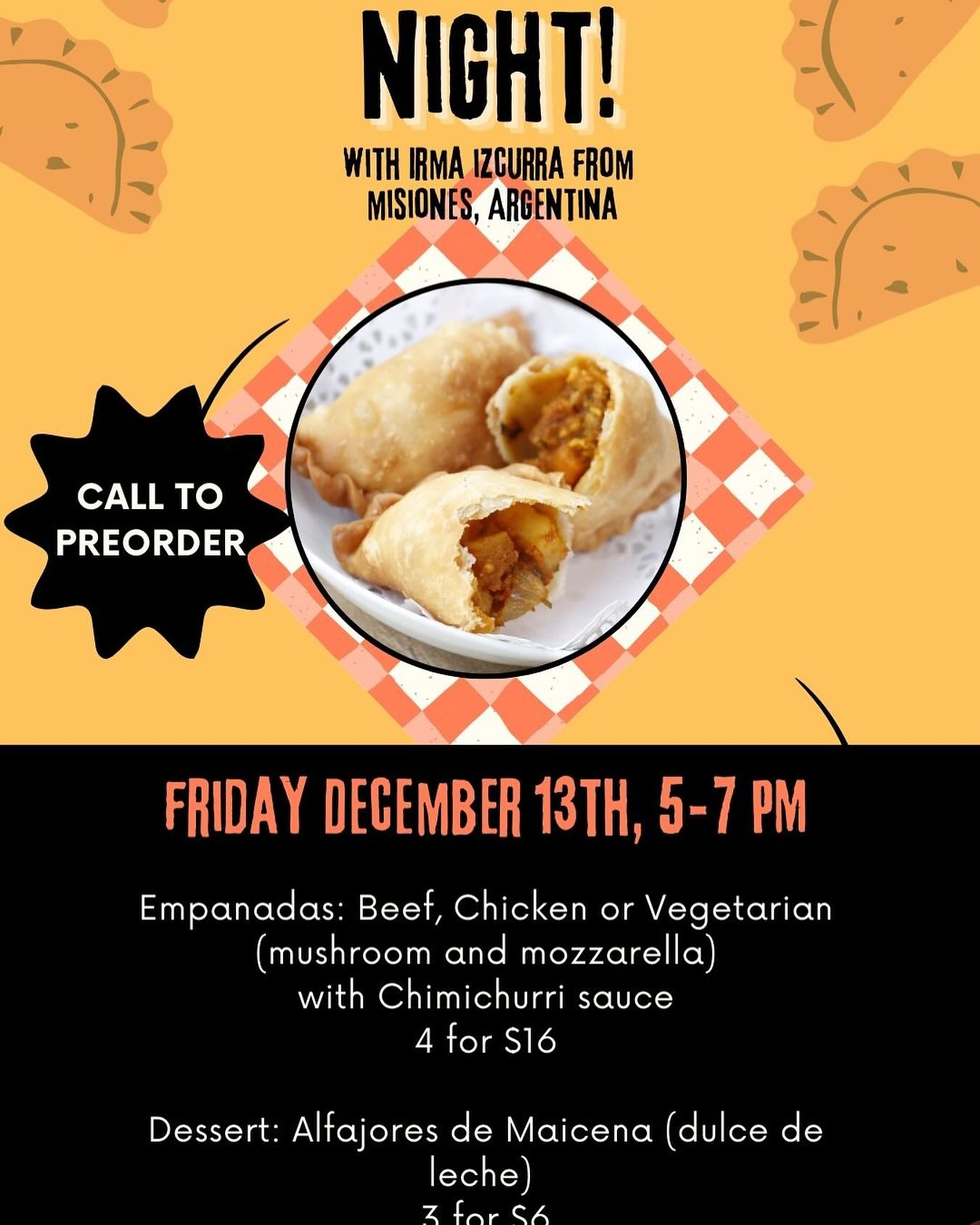 Save the date! Next Friday December 13th is Argentinian empanada night. Pickup or dine in from 5-7pm. We’re excited to have Irma Izcurra, the mother of Dayna one of our team members, preparing the specialty of her homeland. Call to preorder by Thursday December 12th 4 pm.
#empanadas #oakland #popup