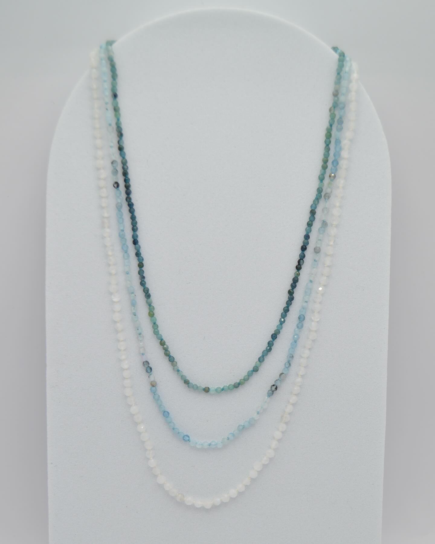 A few icy strands will be available just in time for the holidays! Moonstone, aquamarine, and tourmaline ❄️❄️❄️ #gemstonejewelry #aquamarine #moonstone #tourmaline #gemstonenecklace #delicatenecklace