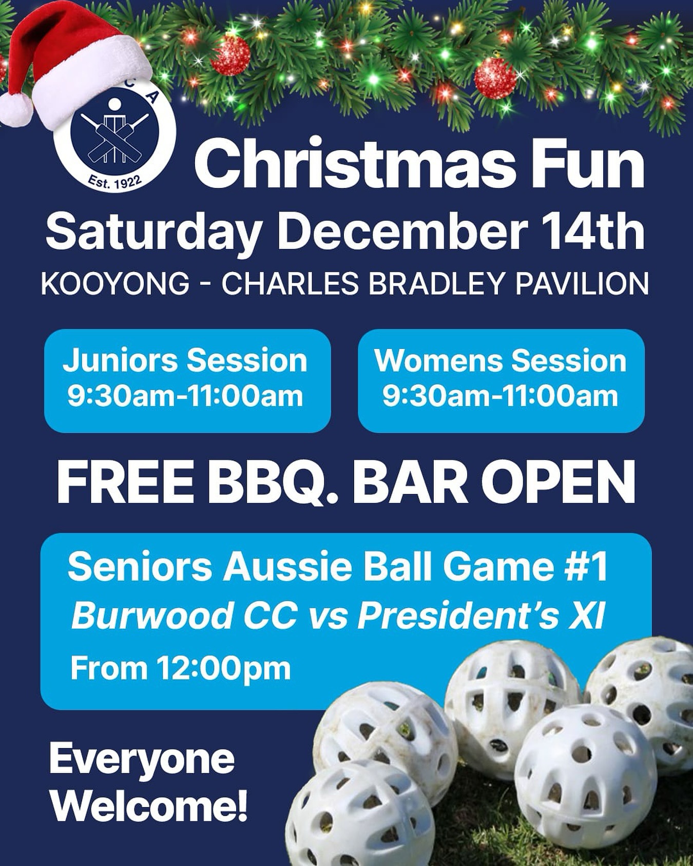 Join in the fun at VBCA Christmas 2024 at Charles Bradley Pavilion on the grounds of Vision Australia, Kooyong to celebrate our end of the year.
.
.
There will be lots of activities for everyone from:
✅ Junior Blind Blasters - 9:30am to 11am
✅ Women’s Come and Try session - 9:30am to 11am
✅ Seniors Aussie Ball Game will begin from midday.
.
.
Everyone is welcome to participate. Stick around afterwards for a FREE BBQ and the Bar will be open to celebrate the Christmas Festivities.
.
.
📅 Saturday 14 December 2024
⏰ 9:30AM - onwards
📍 Charles Bradley Pavillon at Vision Australia, Kooyong (Enter from Talbot Crescent)
.
.
Image Description: Christmas decorations along the top and the VBCA logo with a Santa Hat on top of the logo, On a Navy Background, the title says “Christmas Fun”, Saturday December 14, Kooyong – Charles Bradley Pavilion. In the left banner on a royal blue background, the text says – Junior Session from 9:30am to 11am. On the Right side in a Royal Blue background, the text says – Women’s Session from 9:30am to 11am. Underneath on a Navy background, the text says FREE BBQ, BAR OPEN. Underneath on a royal blue background, the text says – Seniors Aussie Ball Game #1, Burwood BCC vs President’s XI from 12:00pm. Underneath on a navy background the text says “Everyone Welcome” as there is a group of Aussie Balls in a pile on the right side.
.
.
@cityofmelbourne @visionaustralia @blind_cricket_australia_bca @blindsportsrecvic
.
.
#blindcricket #disabilitysport #inclusion #inclusivesport #sport4all #blindandlowvision