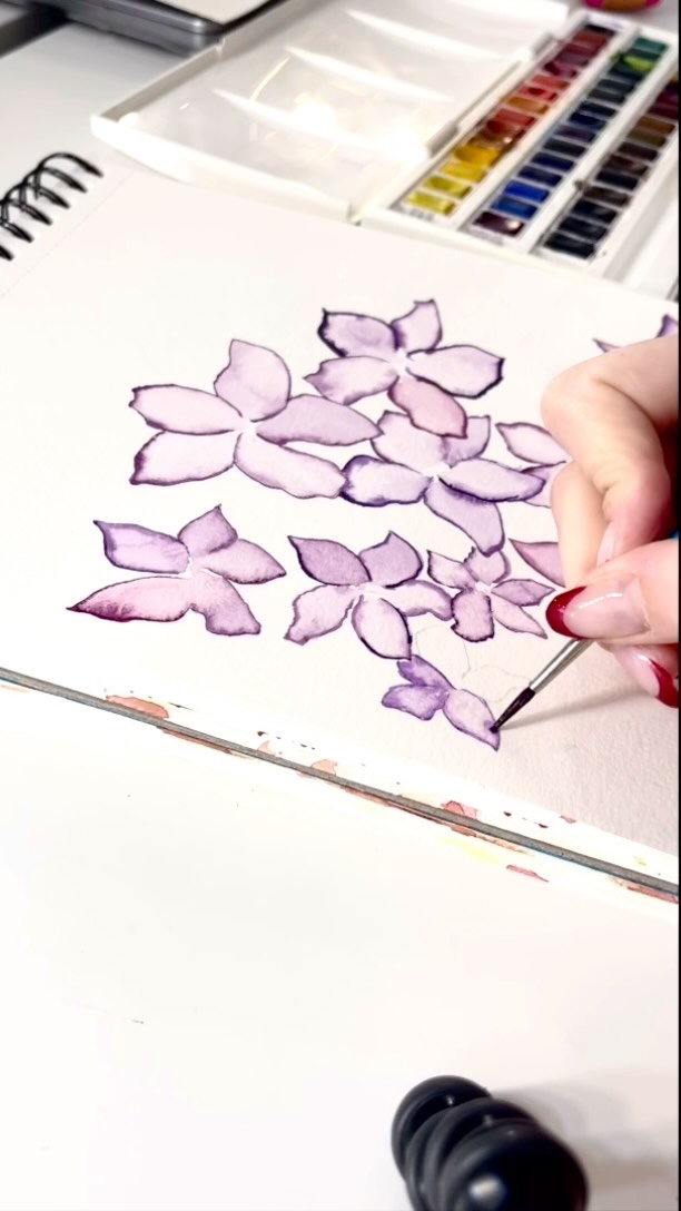 Process of painting a Forget-Me-Not flower using watercolour paints. For my Spring/Summer 2025 collection. #springsummer #handpainted #windsorandnewtonwatercolor #handdrawn #floralpainting #floraltextiles #textiles #smallbusiness