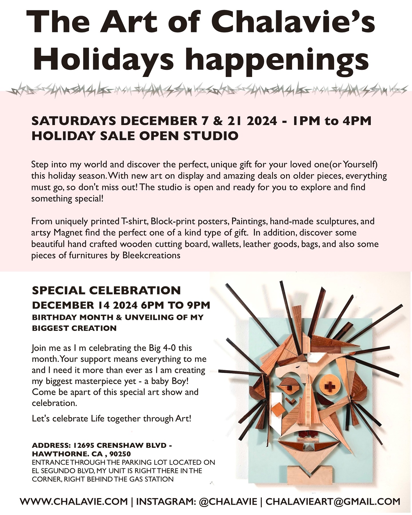 Check out my holiday happenings at the studio this month! 🎨🫵👨🎨🎄⚡️🎉🎁 #artshow #openstudio #uniquegifts #uniqueart #chalavie #newwork