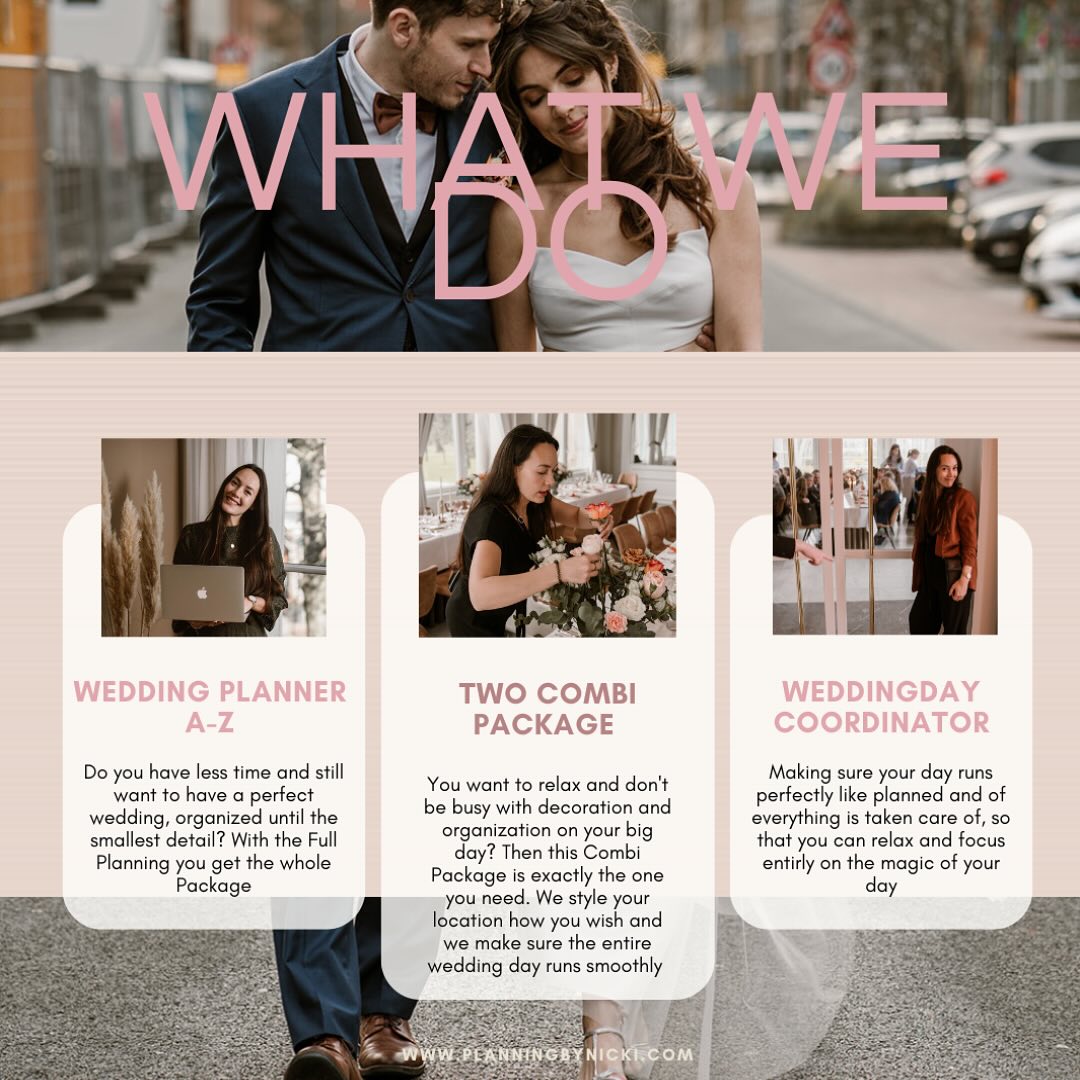 WHAT WE DO
We offer different packages and also tailor made concepts to match your ideas best.
We do the Full Wedding planning, the Weddingday Coordinaton, Partial planning and Destination Wedding planning. We have our own rental collection, with welcome boards, envelope boxes, ring carrier…all you need for your wedding, which is exclusively to rent by our couples, who booked a service with us.
Do you want to receive more information? Check out the website: www.planningbynicki.com