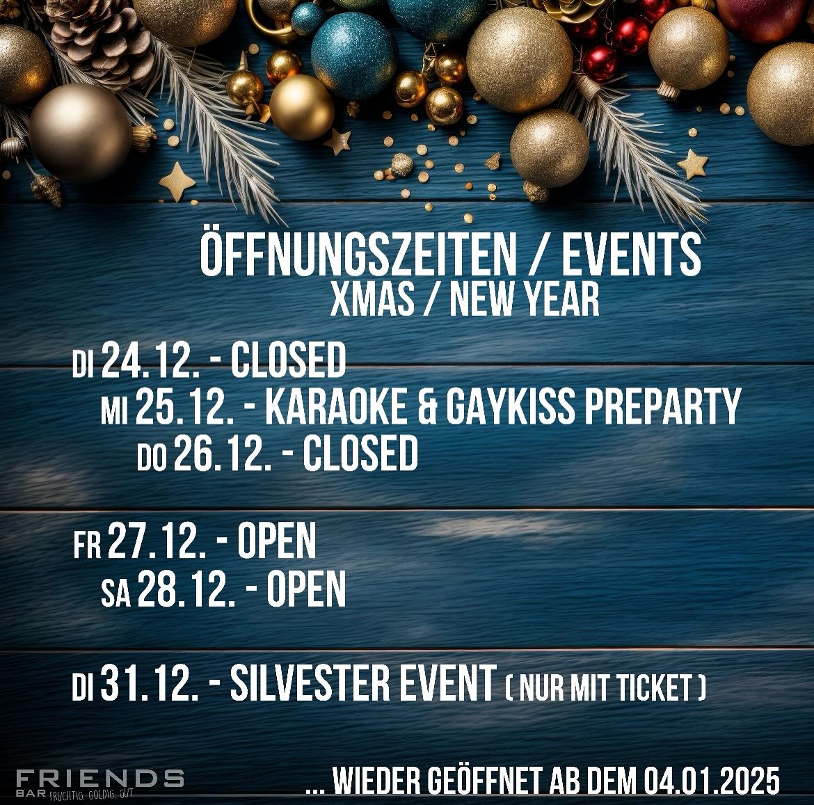 Der Fahrplan für die Freitage und zwischen den Jahren ist da. Reservieren ist immer gut 👀 friends-bar.de
Am 25.12. ist Karaoke und @gaykiss_clubbing_bremen Preparty.
.
..
…
#friendsbar #friendsbremen #cocktailbar #bremen #bremenerleben #feiertagsfahrplan #zwischendenjahren